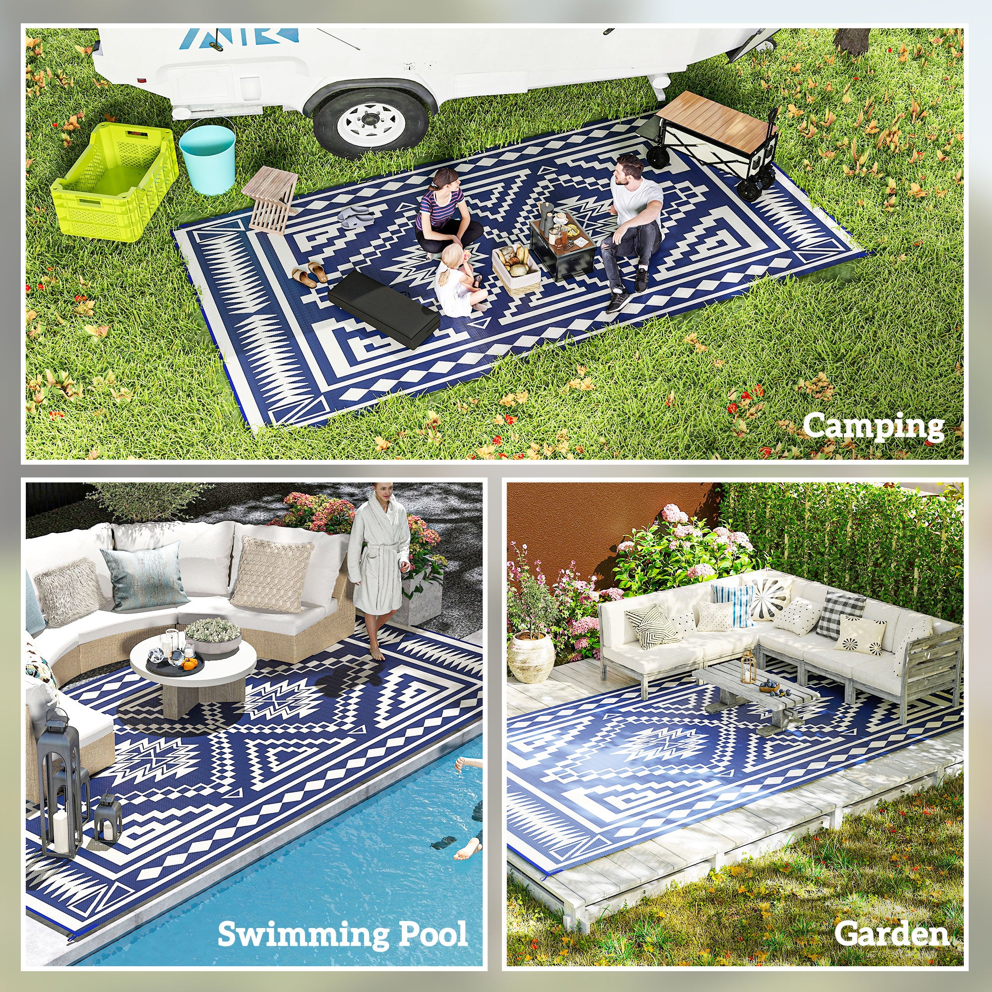 Reversible Outdoor Rug, Waterproof Plastic Straw with Carry Bag, 9' x 18', Blue & White Square Patchwork