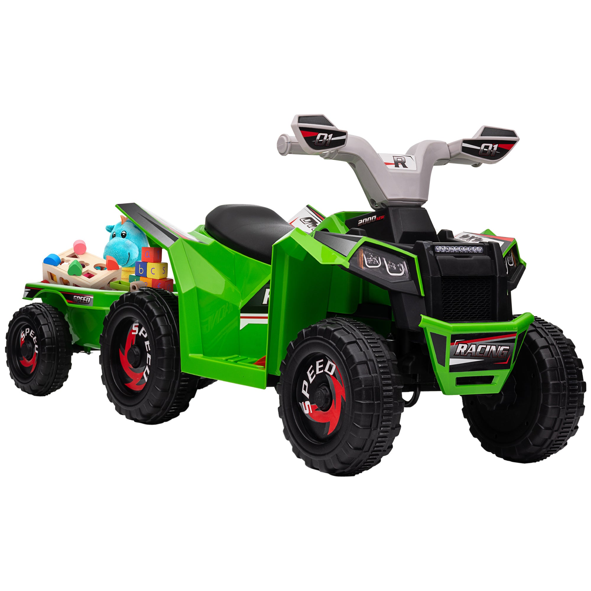 6V Electric Toy Car with Back Trailer, Forward Backward, Wear-Resistant Wheels for Ages 18-36 Months, Green