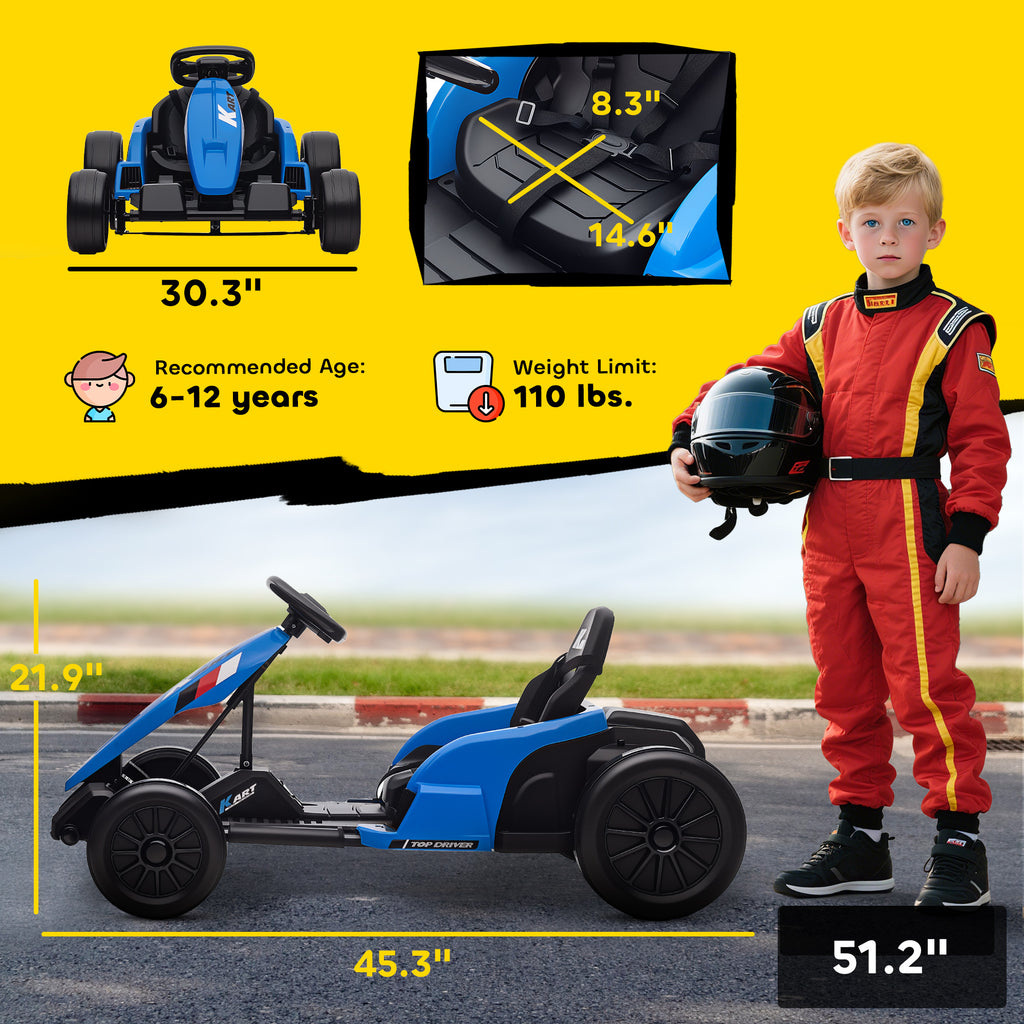 24V Electric Go Kart with Dual 150W Motors, Adjustable Seat & 11.2MPH High Speed, Slow Start, 5-Point Harness, Blue