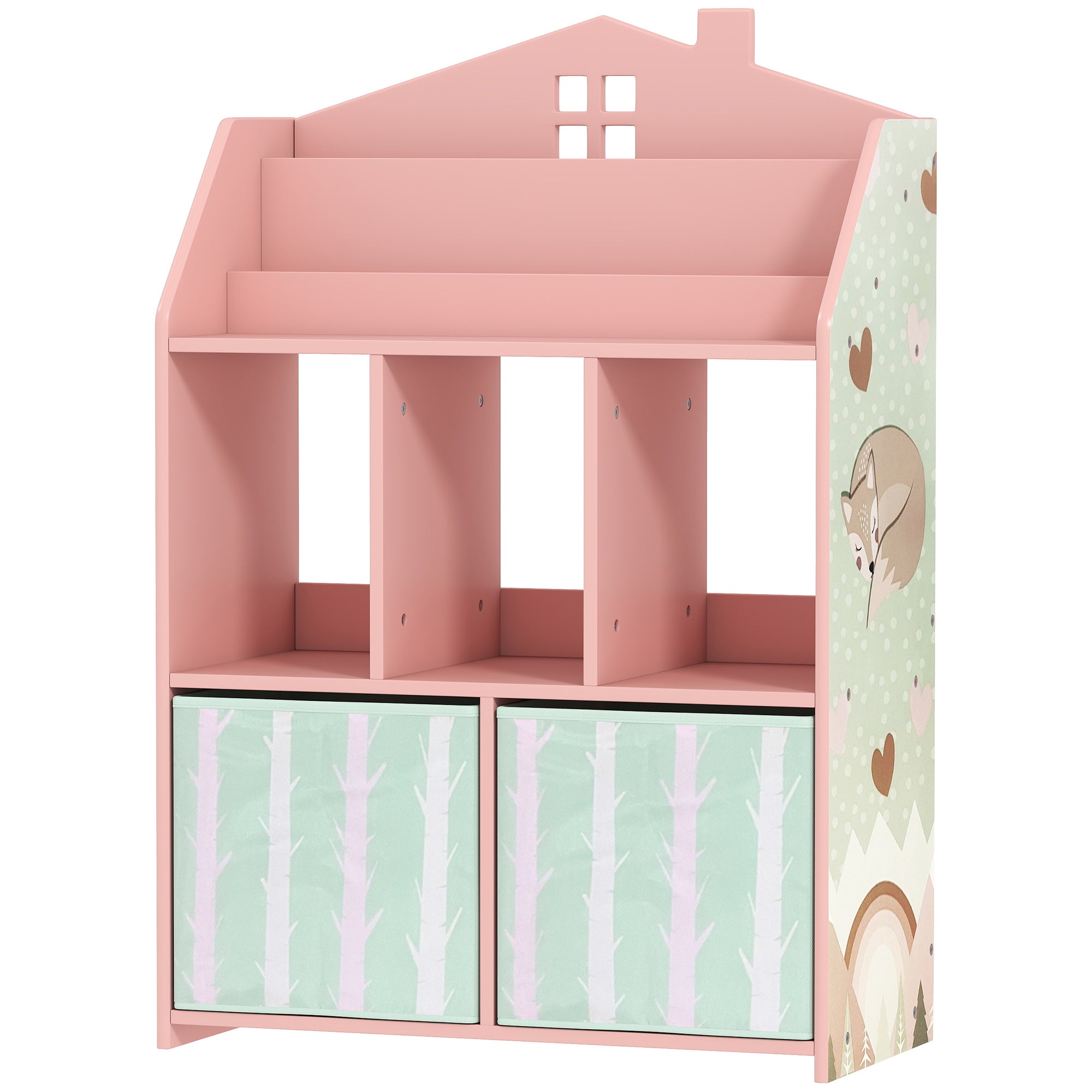Kids Bookshelf with Storage, Toy Storage Unit with Book Display, Shelves and Fabric Drawers for Playroom Nursery, Pink