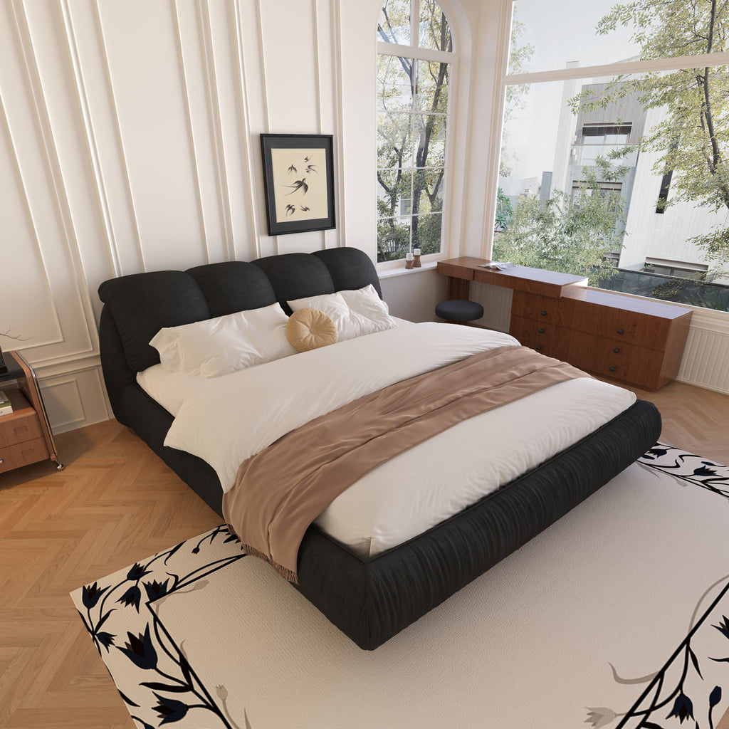 Queen Size Upholstered Bed with Oversized Padded Backrest, Solid Wood Frame, Adjustable Mattress Heights, 96.5" L x 70" W x 43.5" H, Black