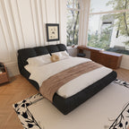 Queen Size Upholstered Bed with Oversized Padded Backrest, Solid Wood Frame, Adjustable Mattress Heights, 96.5" L x 70" W x 43.5" H, Black