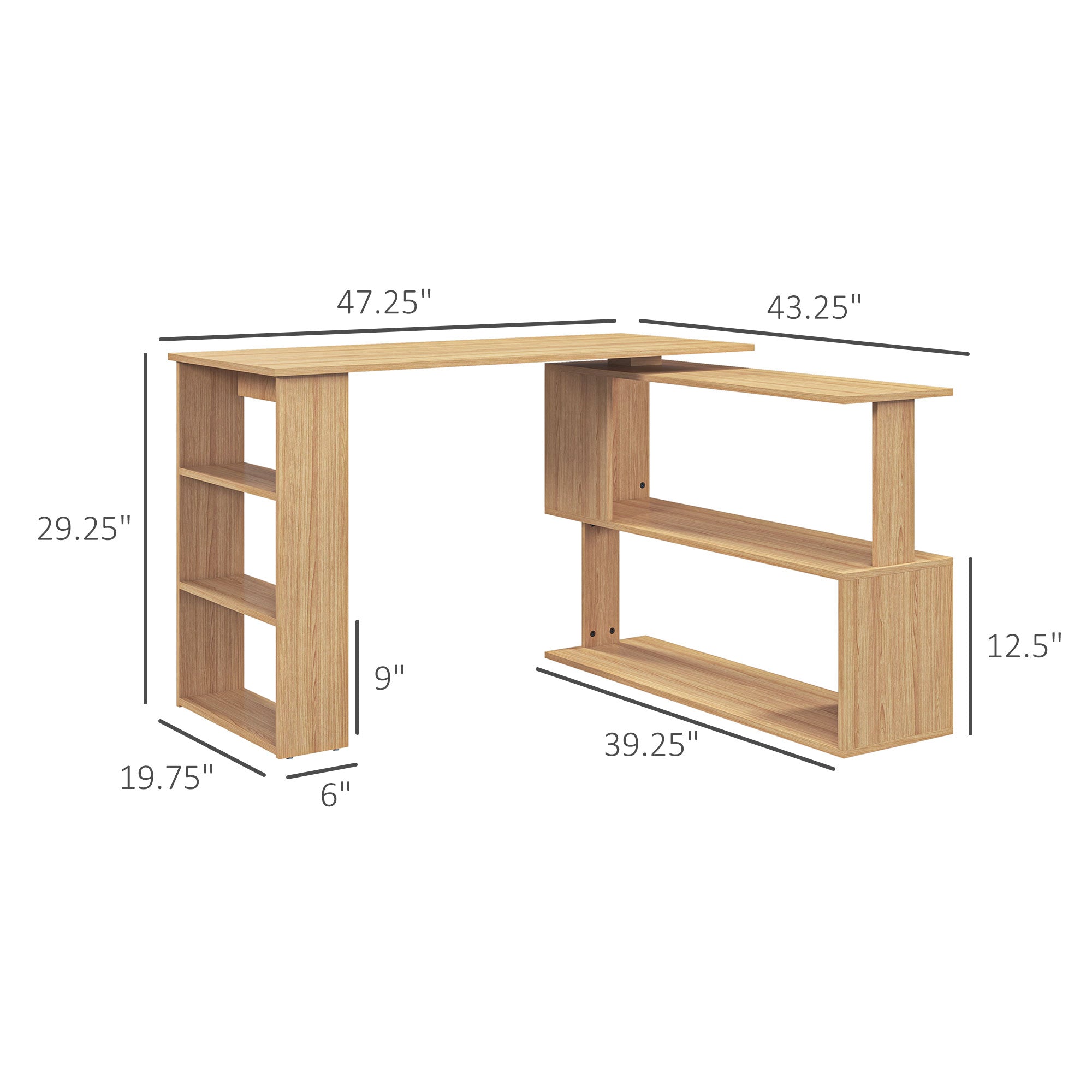 L Shaped Corner Desk, 360 Degree Rotating Home Office Desk with Storage Shelves, Writing Table Workstation, Maple