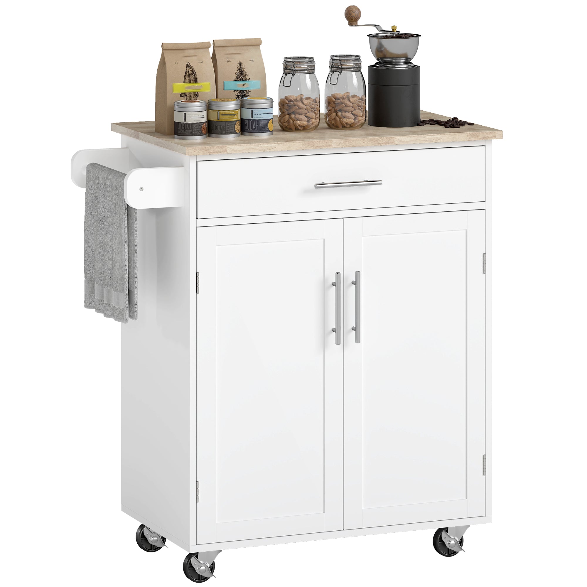 Kitchen Island Cart, Rolling Island Table with Solid Wood Top, Trolley Cart with Drawer, Storage Cabinet & Towel Rack, White