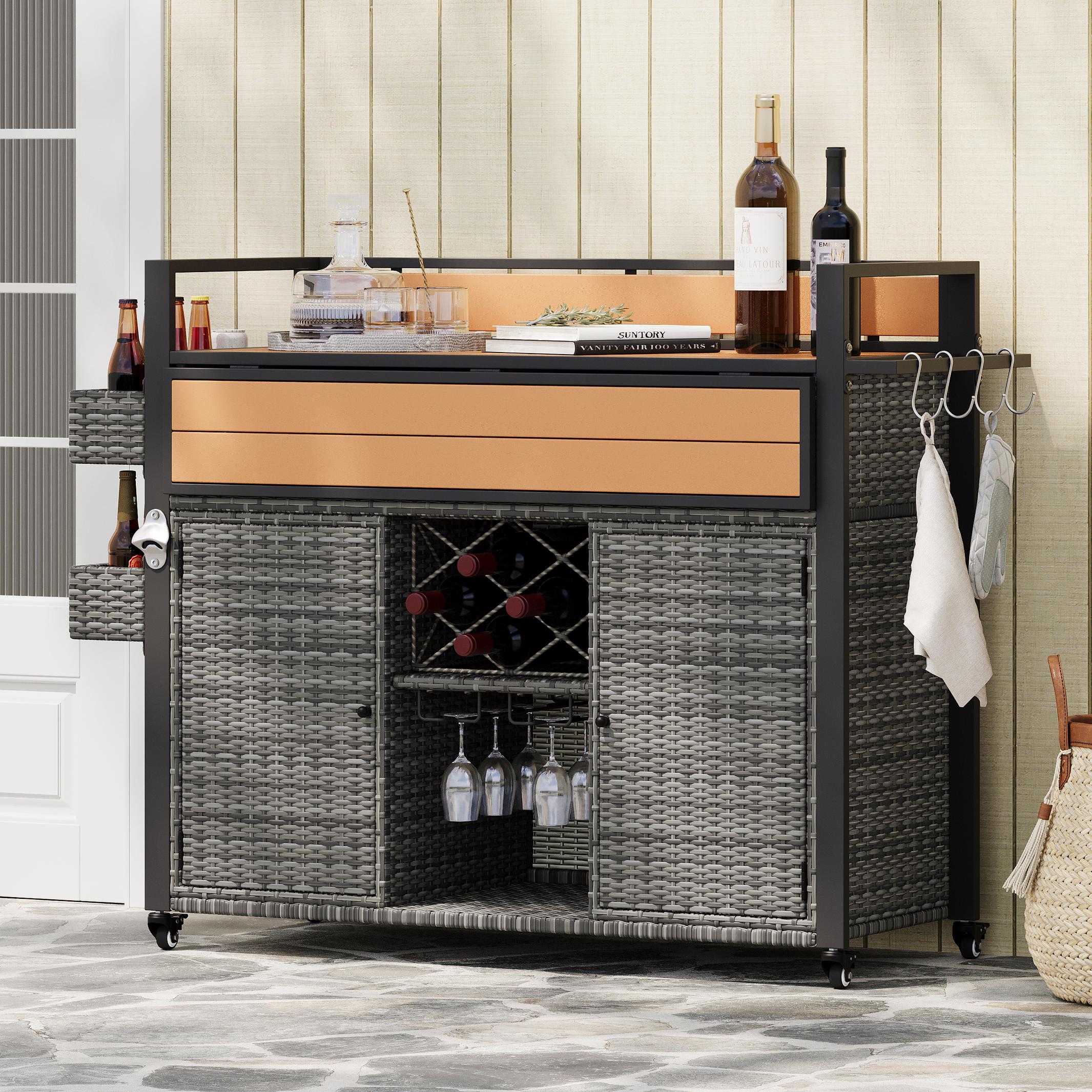Outdoor Grill Cart with Extended Table Top, Rolling Kitchen Island on Wheels with Storage Cabinet, Double Handle, 53" L x 28.3" W x 41.5" H, Gray