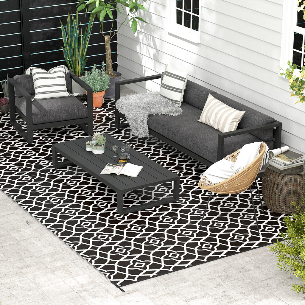 Reversible Outdoor Rug Carpet RV Camping Rugs with Carry Bag, 9' x 18', Black & White Clover
