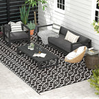Reversible Outdoor Rug Carpet RV Camping Rugs with Carry Bag, 9' x 18', Black & White Clover