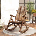 Outdoor Wooden Rocking Chair, Single-Person Adirondack Rocking Patio Chair with Rustic High Back, Slatted Seat and Backrest for Indoor, Backyard, Garden, Carbonized