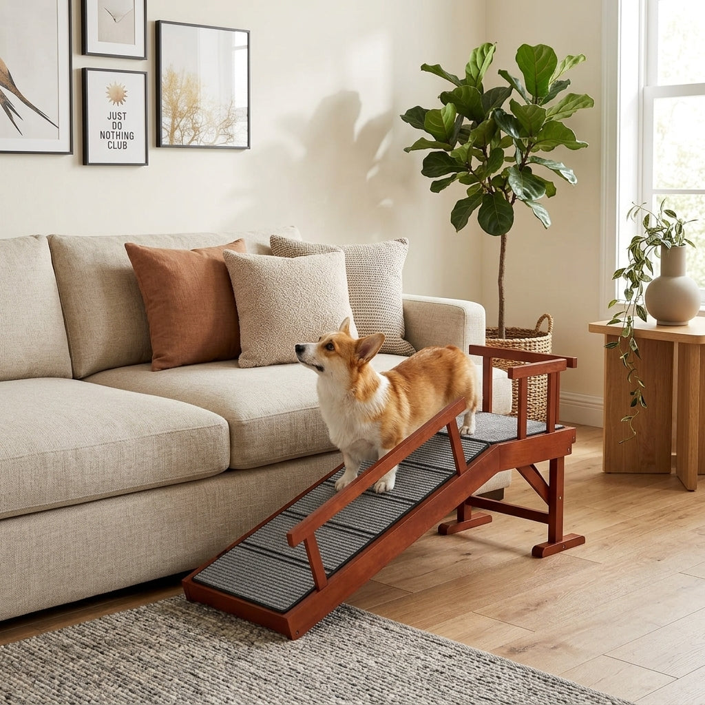 Wooden Dog Ramp with Removable Guardrails, Non-Slip Surface, 49" Long, Brown