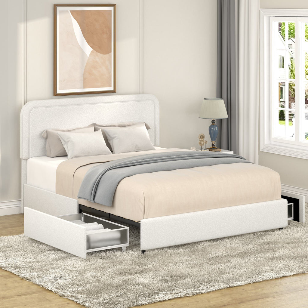 Liv Queen Size 2-Drawer Storage Bed Frame with Curved Tufted Headboard, Patented Boucle Upholstered Platform Bed, Wooden Slat Support, No Box Spring Needed, Ivory
