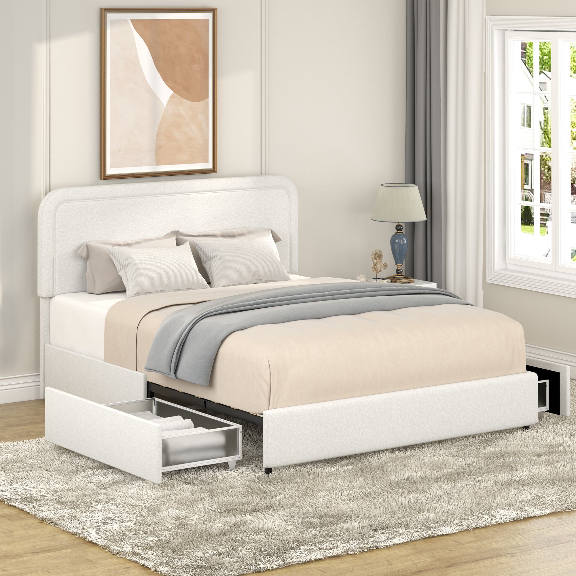Liv Queen Size 2-Drawer Storage Bed Frame with Curved Tufted Headboard, Patented Boucle Upholstered Platform Bed, Wooden Slat Support, No Box Spring Needed, Ivory