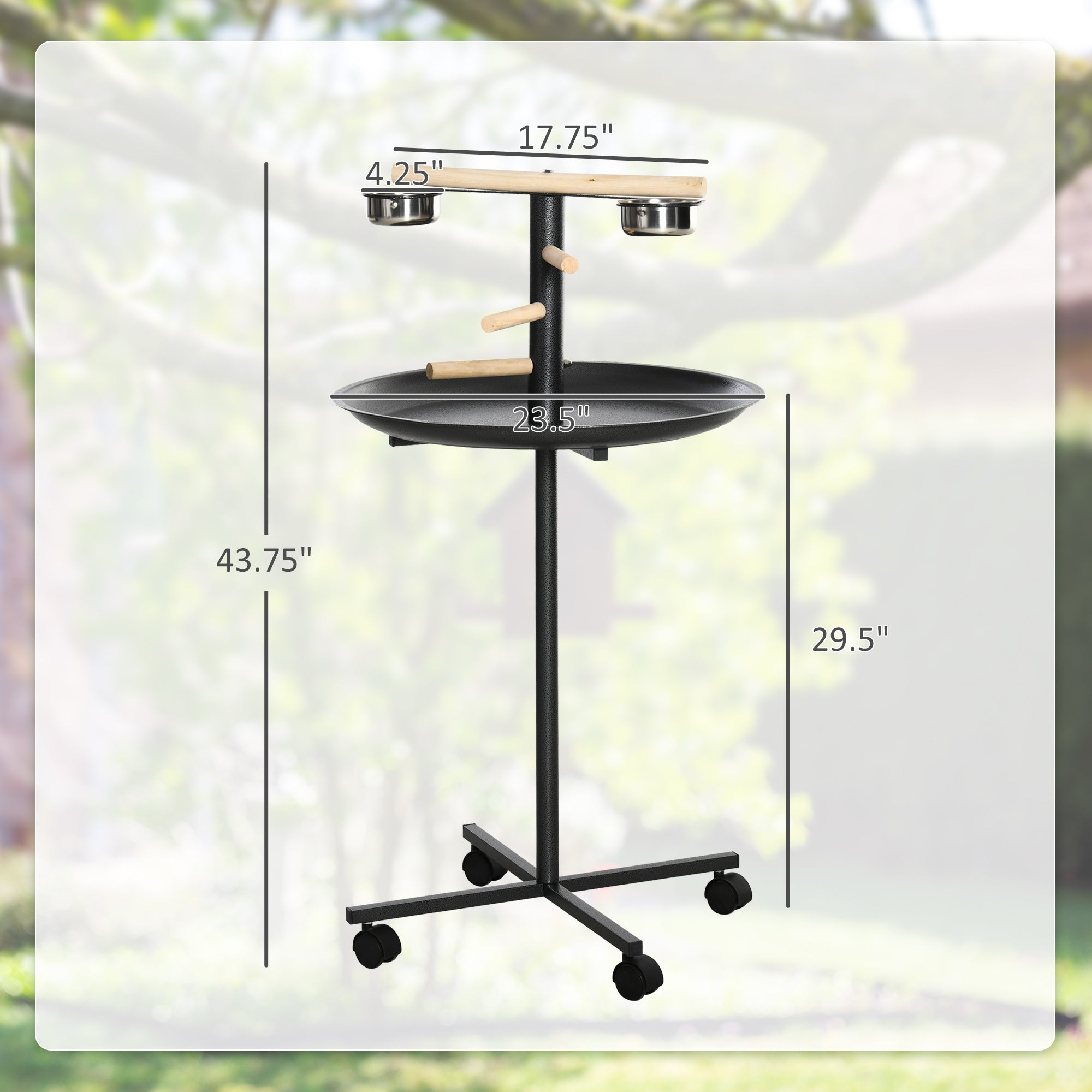 Portable Bird Play Stand, Parrot Perch Bird Feeder Station with Wheels, Stainless Steel Feeding Bowls, Tray, Gray