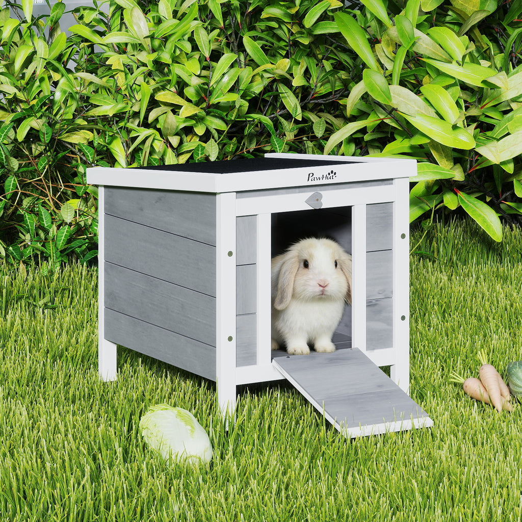 Small Wooden Rabbit Hutch Bunny Cage Guinea Pig Cage Duck House Dog House with Openable & Waterproof Roof, for Rabbits, Chickens, Ducks, Gray