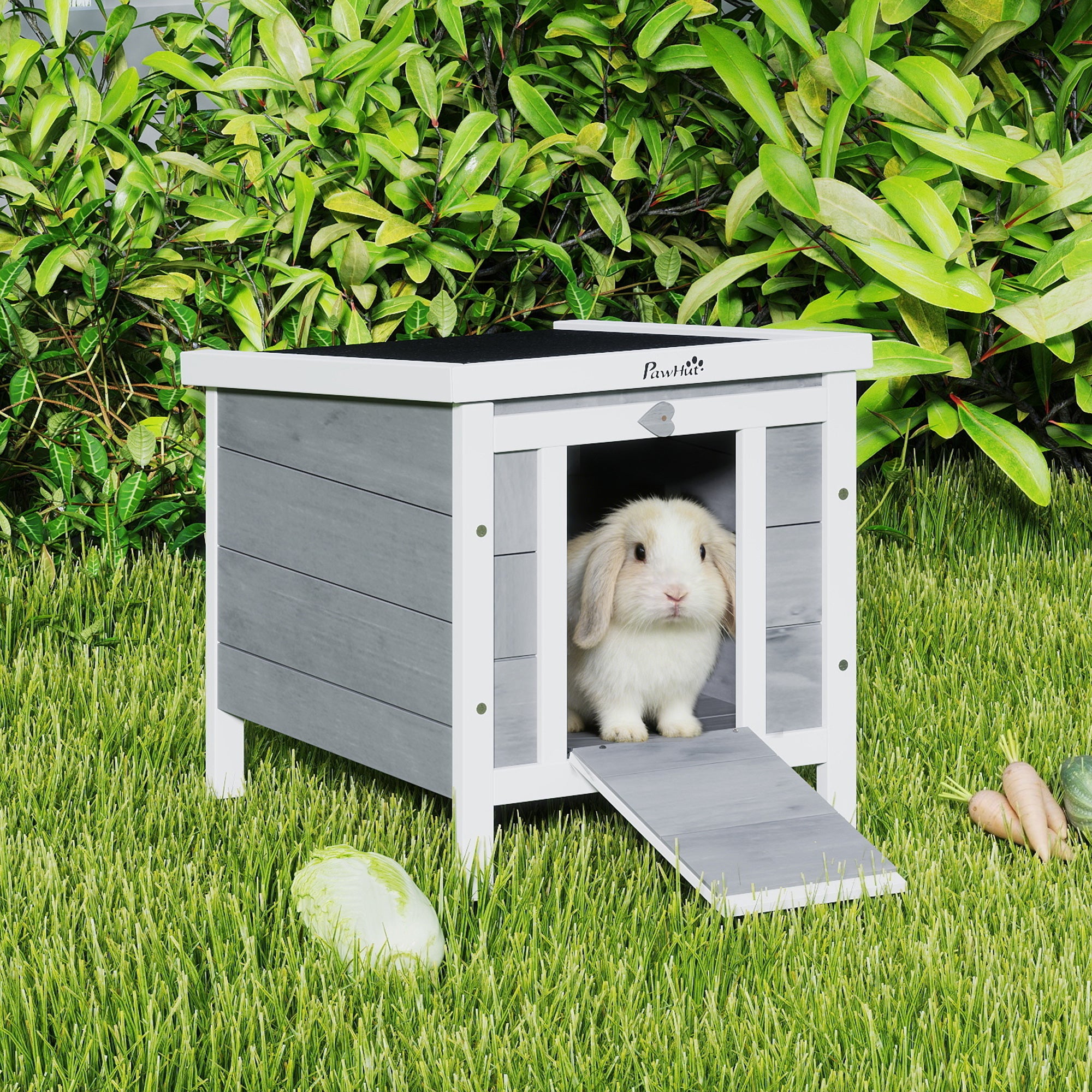Small Wooden Rabbit Hutch Bunny Cage Guinea Pig Cage Duck House Dog House with Openable & Waterproof Roof, for Rabbits, Chickens, Ducks, Gray