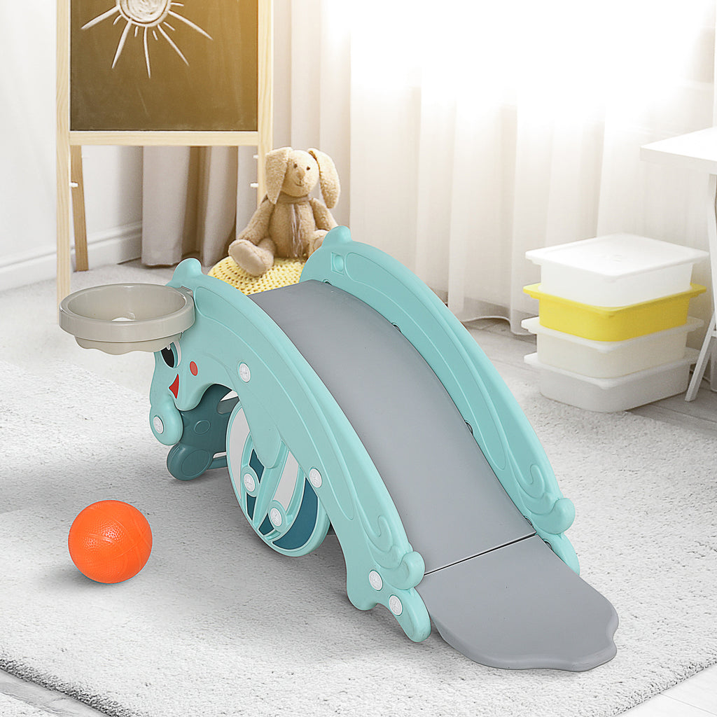 3-in-1 Kids Portable Slide Rocking Horse Toy with Basketball Hoop for Age 1.5-3 Boys and Girls, Mint Green