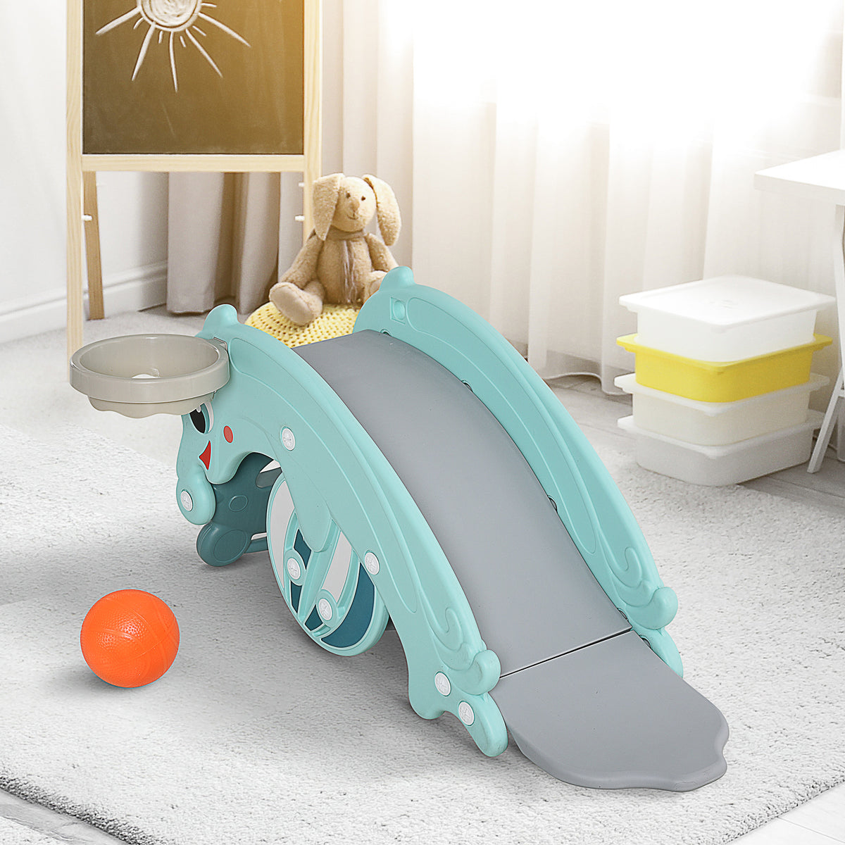 3-in-1 Kids Portable Slide Rocking Horse Toy with Basketball Hoop for Age 1.5-3 Boys and Girls, Mint Green