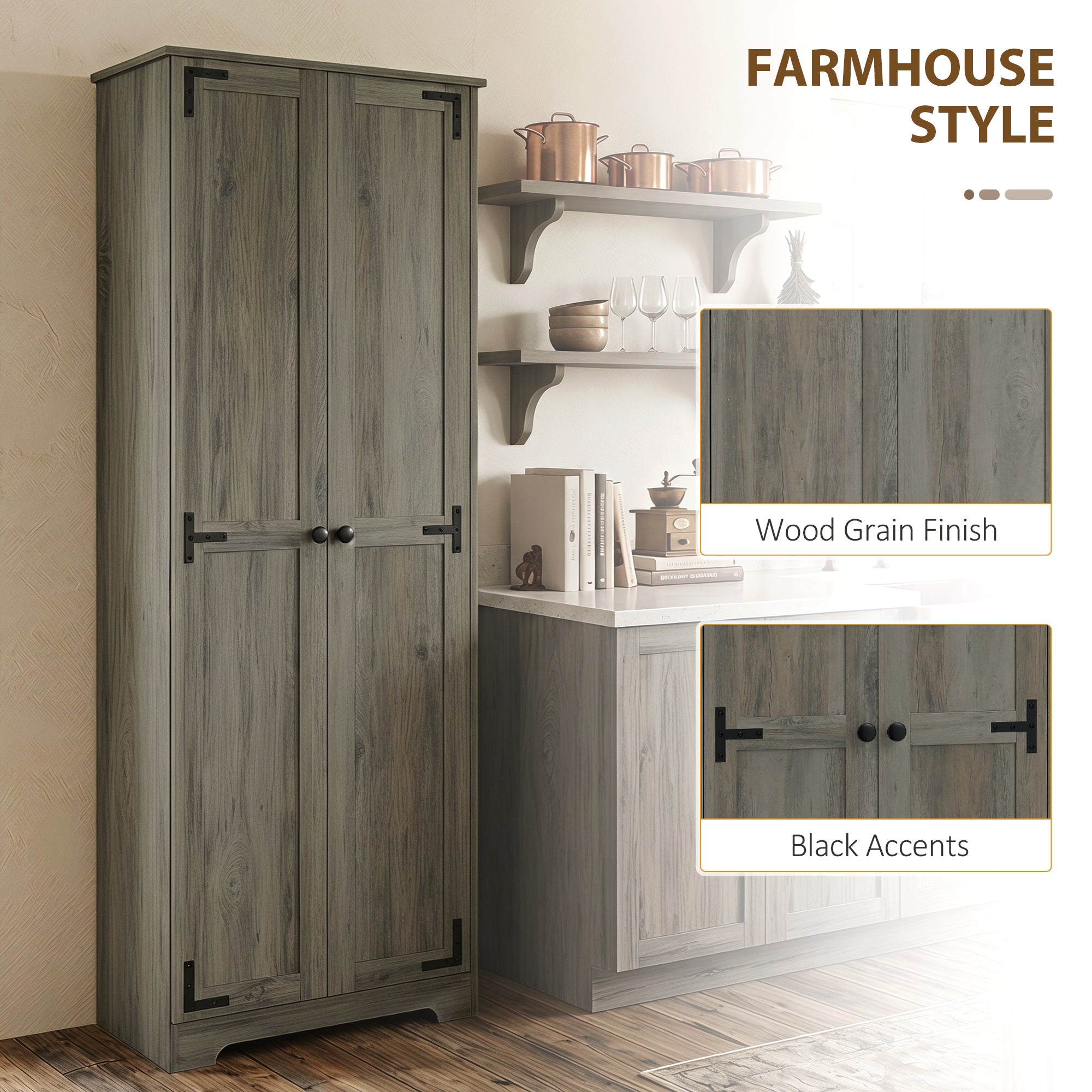 67" Farmhouse Pantry Cabinet, Freestanding Food Pantry Cabinet with Adjustable Shelves, Distressed Gray