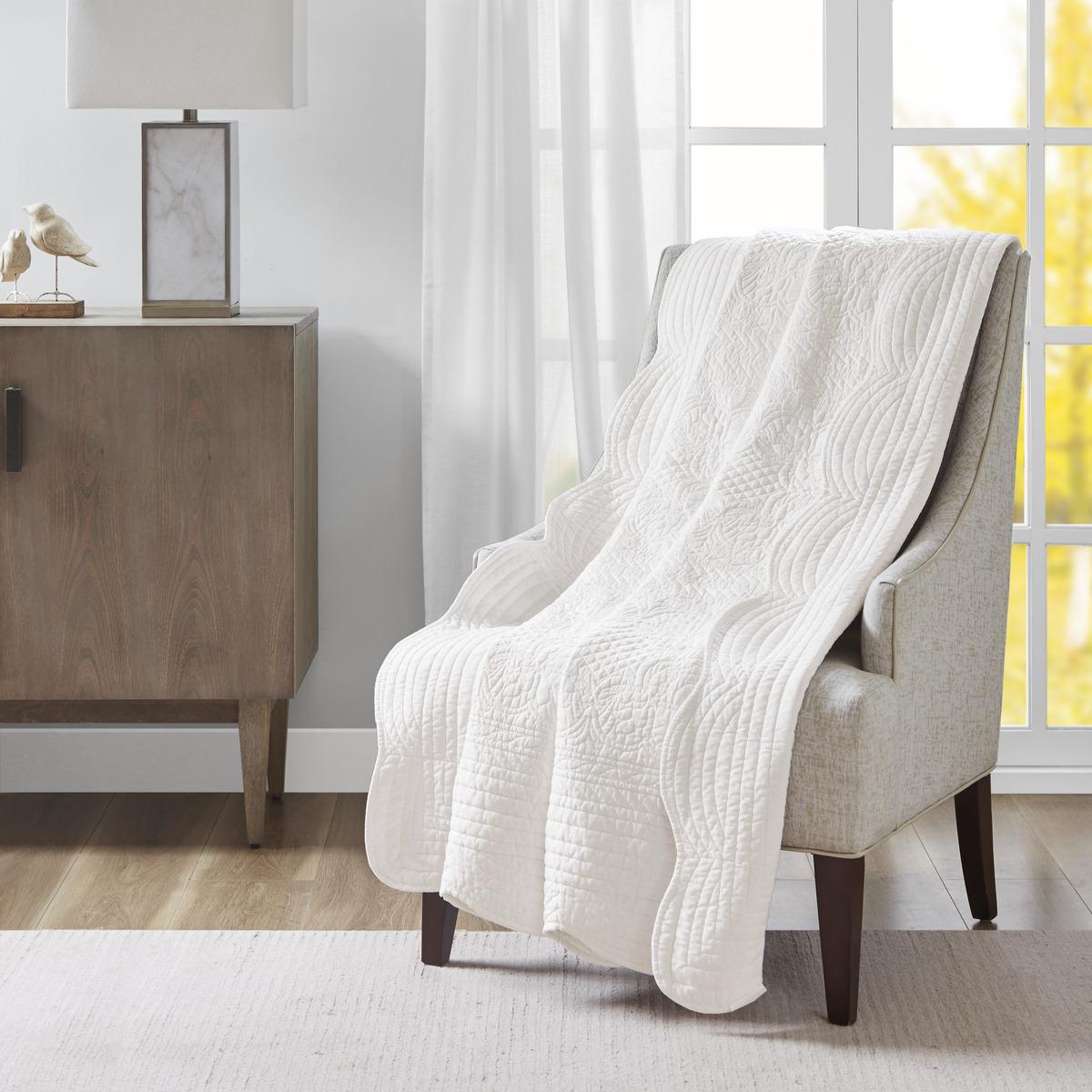 Oversized Quilted Throw with Scalloped Edges, Microfiber Face, Cotton Filled Blanket for Living Room, Bedroom, 72" L x 60" W x 0.25" H, White