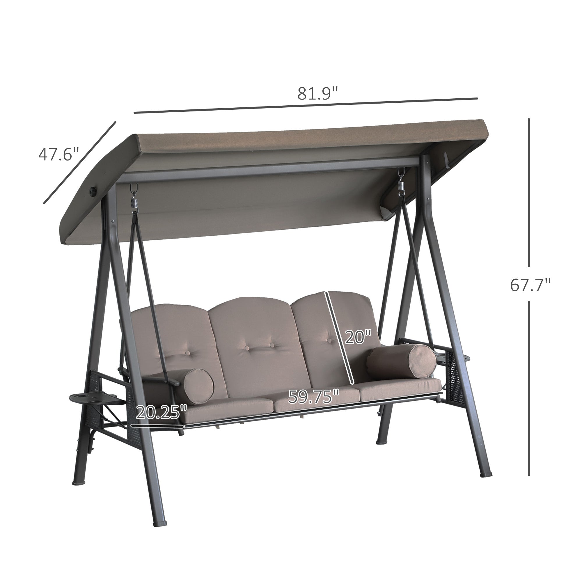 3-Seat Patio Swing Chair, Outdoor Porch Swing Glider with Adjustable Canopy, Removable Cushion, Pillows and Side Trays, for Garden, Poolside, Backyard, Brown