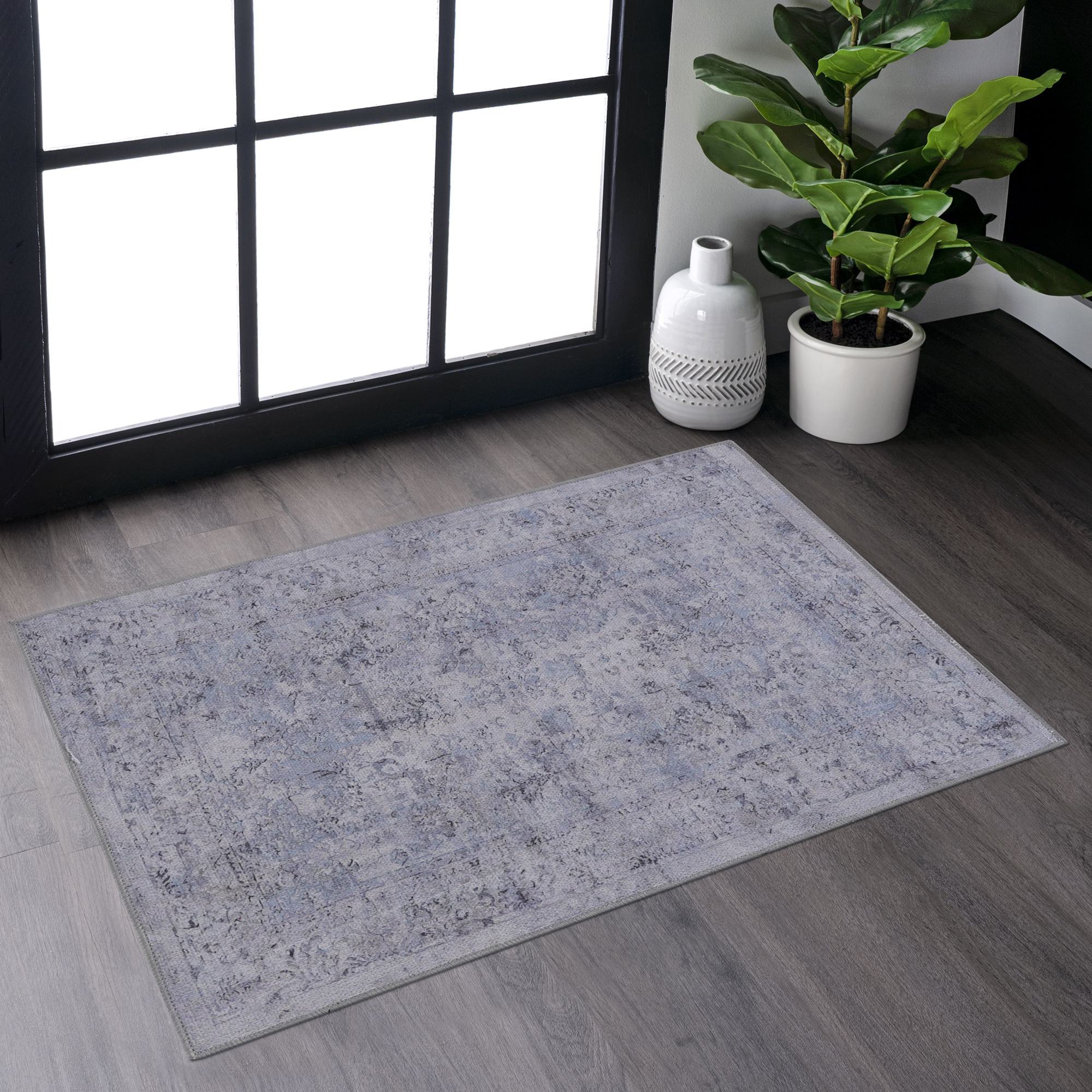 2x3 Kid and Pet Friendly Machine Washable Area Rug, Low-Pile, Non-Slip, Non-Shedding, Foldable Bath Mats for Bathroom, Blue+Cream