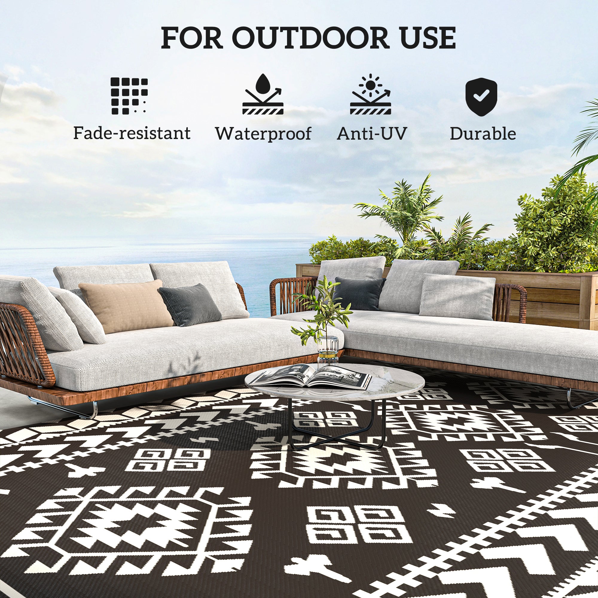 Reversible Outdoor Rug, Waterproof Plastic Straw with Carry Bag, 9' x 18', Black & White Rhombus Patchwork