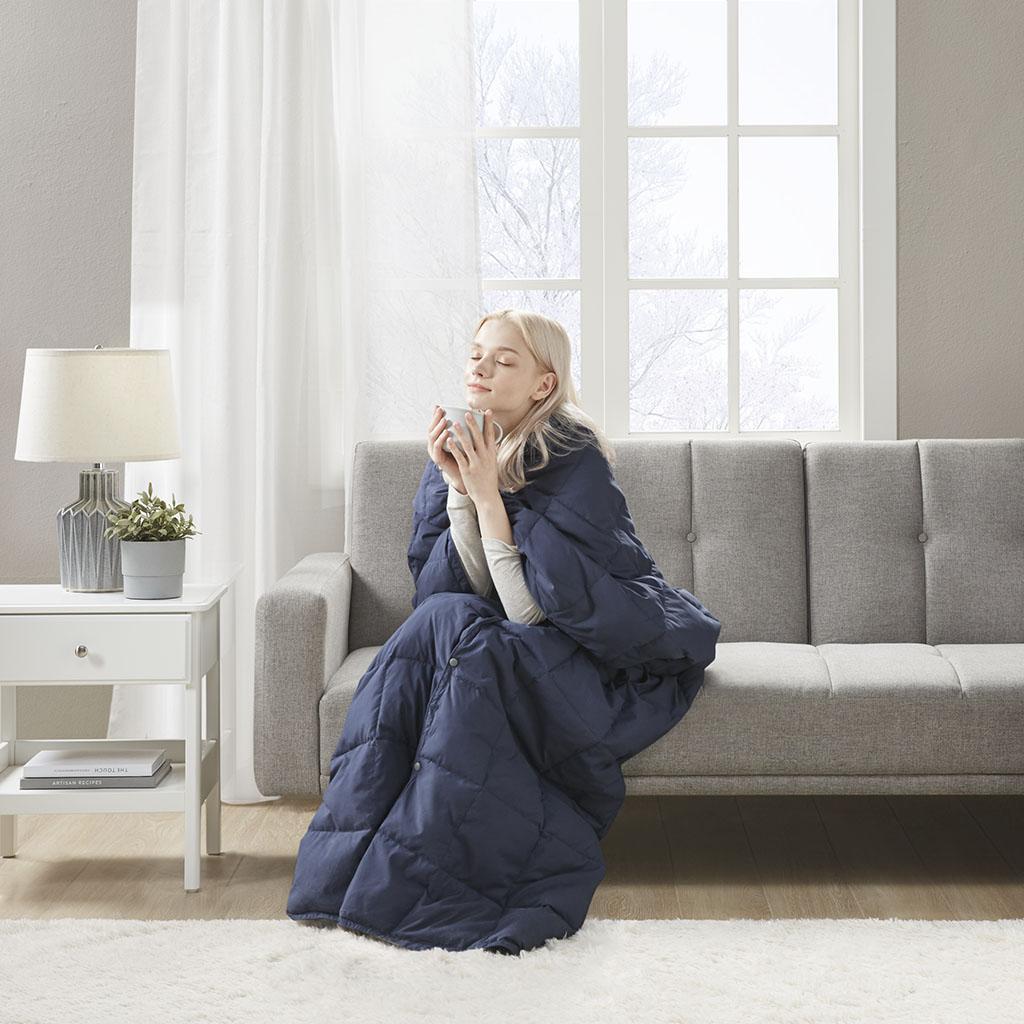 Machine Washable Wearable Multipurpose Throw with Goose Feather, Down Filling, Water-Repellent Microfiber, 68" L x 62" W x 0.25" H, Indigo
