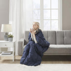 Machine Washable Wearable Multipurpose Throw with Goose Feather, Down Filling, Water-Repellent Microfiber, 68" L x 62" W x 0.25" H, Indigo