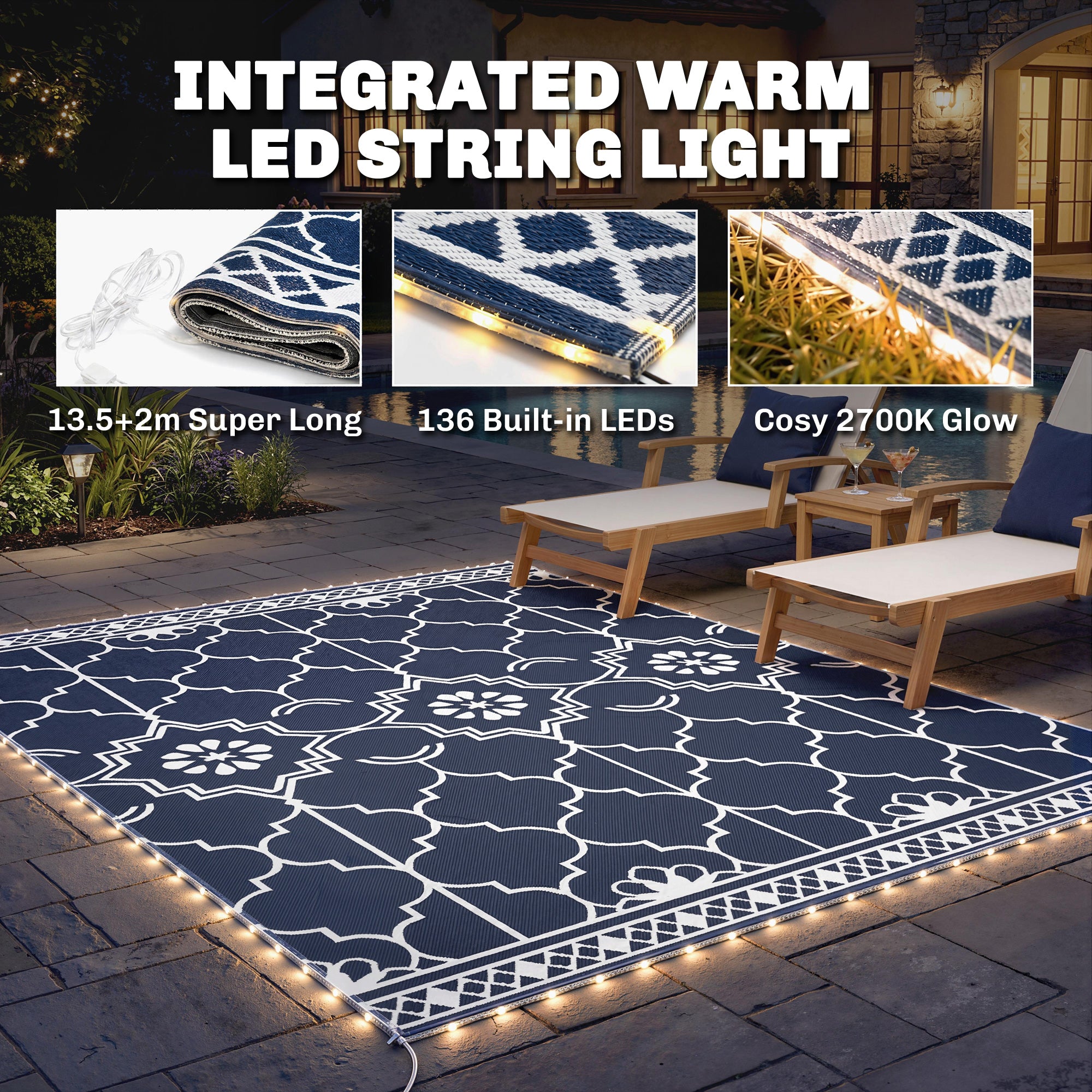 Reversible Outdoor Rug Carpet with LED Lights, 10' x 8' PP Straw Rug with Carry Bag and Ground Stakes