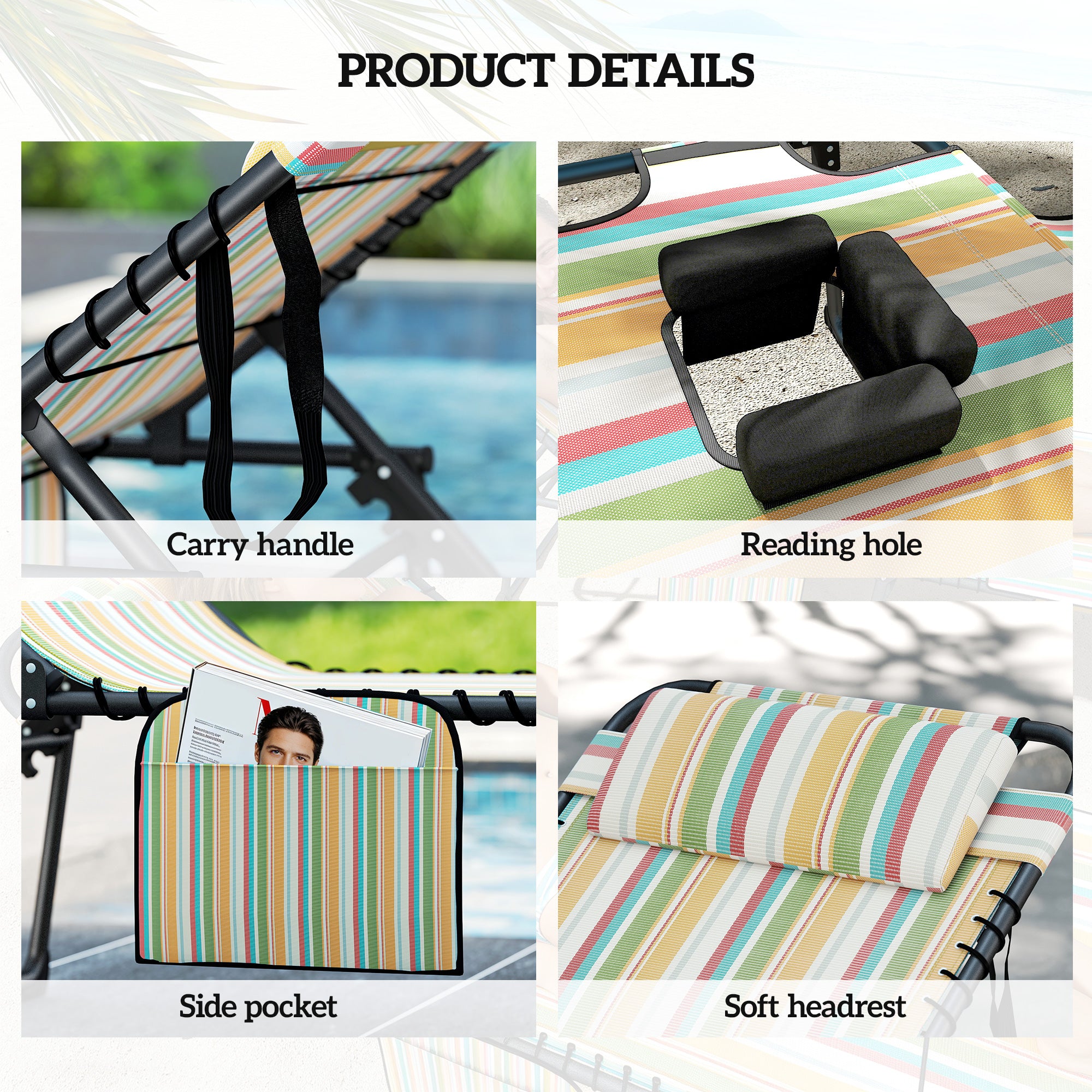 2 Piece Folding Chaise Lounge Pool Chairs with 5-level Reclining Back, Reading Hole, Side Pocket, Rainbow Striped