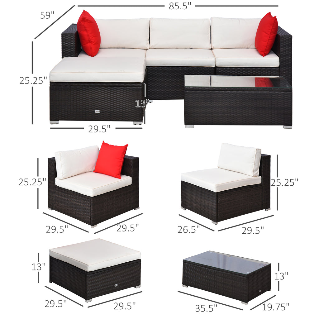 5-Piece Patio Furniture Set with Cushions, Outdoor PE Rattan Wicker Sofa Set, Sectional Furniture with Pillows, Glass Coffee Table for Garden, Backyard, Brown/Cream White