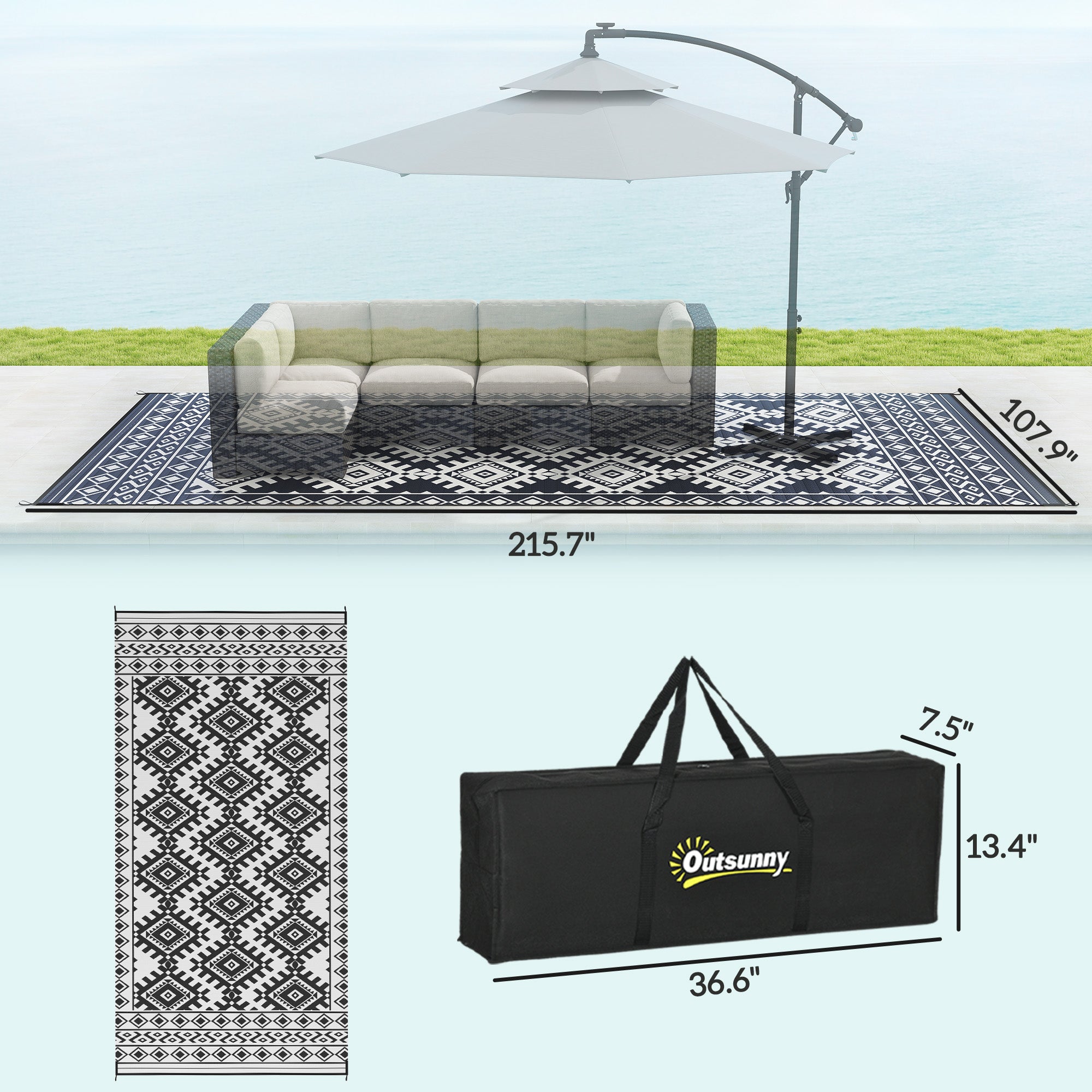 Reversible Outdoor Rug, Waterproof Plastic Straw with Carry Bag, 9' x 18', Black & White Rhombus Border