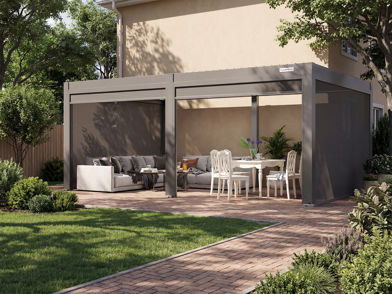 Motorized Roller Shades 20' Side White - Retractable Pergola Side Screen, 8% Openness Mesh, Aluminum Track
