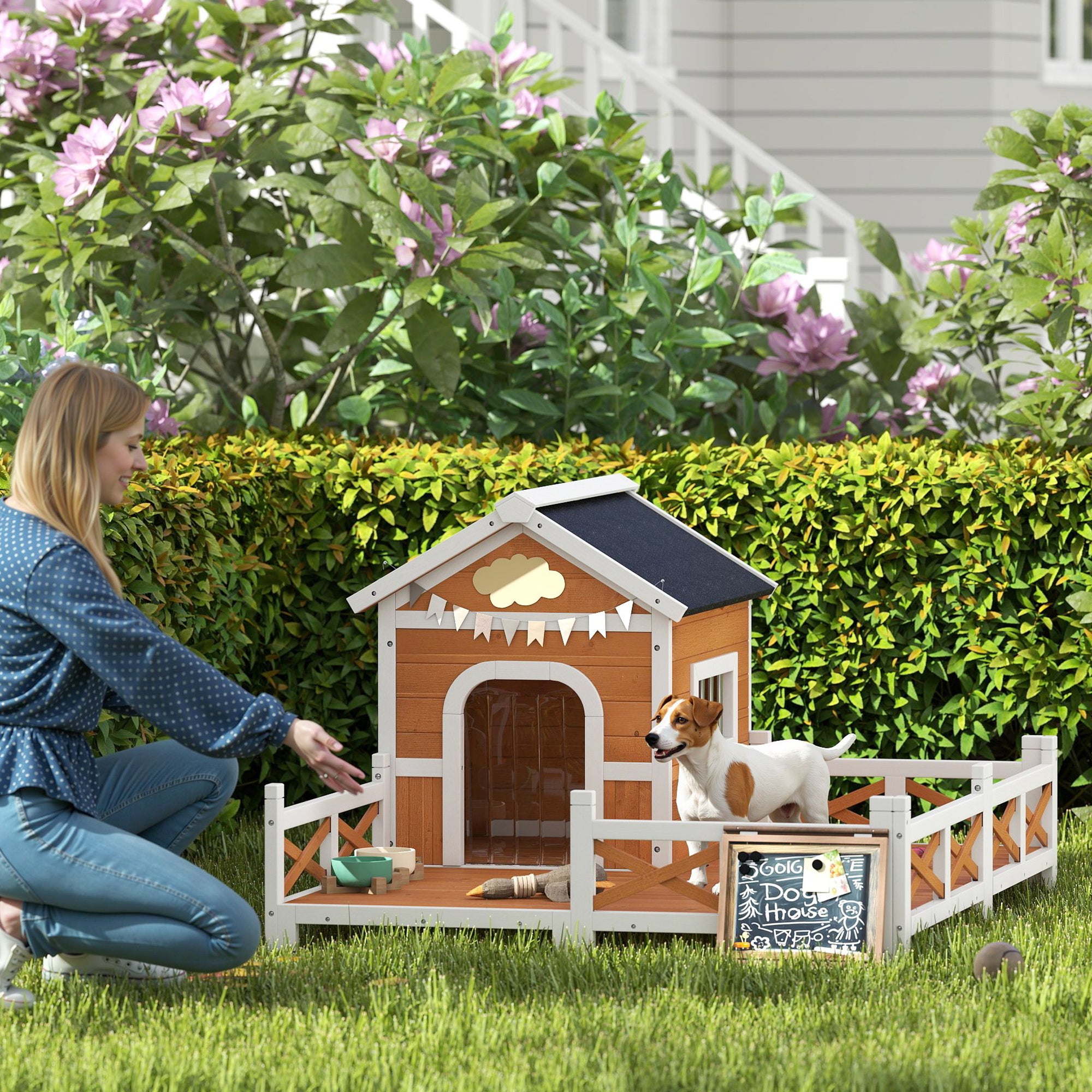 Outdoor Wooden Dog House, Dog Shelter with Large Porch, Weatherproof & Openable Roof, Elevated Base, Removable Floor