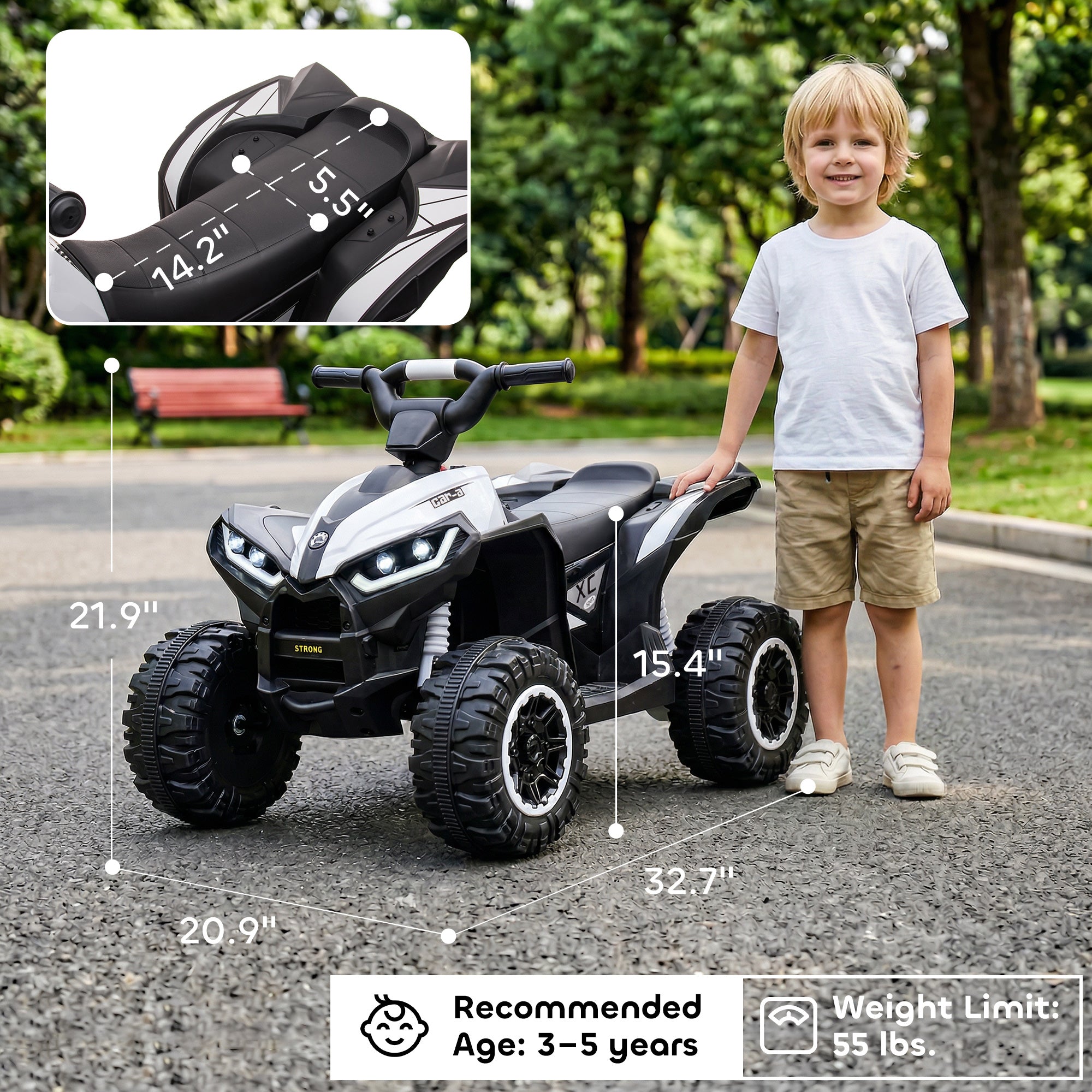 Kids ATV 4 Wheeler, 12V Kids Ride On Toy with Dual Motors, High & Low Speed, Music, Headlights, Up to 3.7 MPH, White