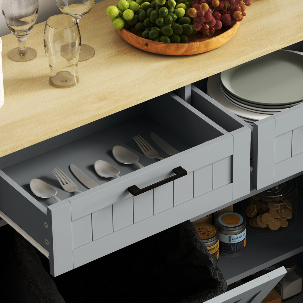 10 Gallon Farmhouse Kitchen Cabinet with Hidden Trash Can and 2 Drawers, Tilt Out Trash Can Cabinet for Kitchen, Gray
