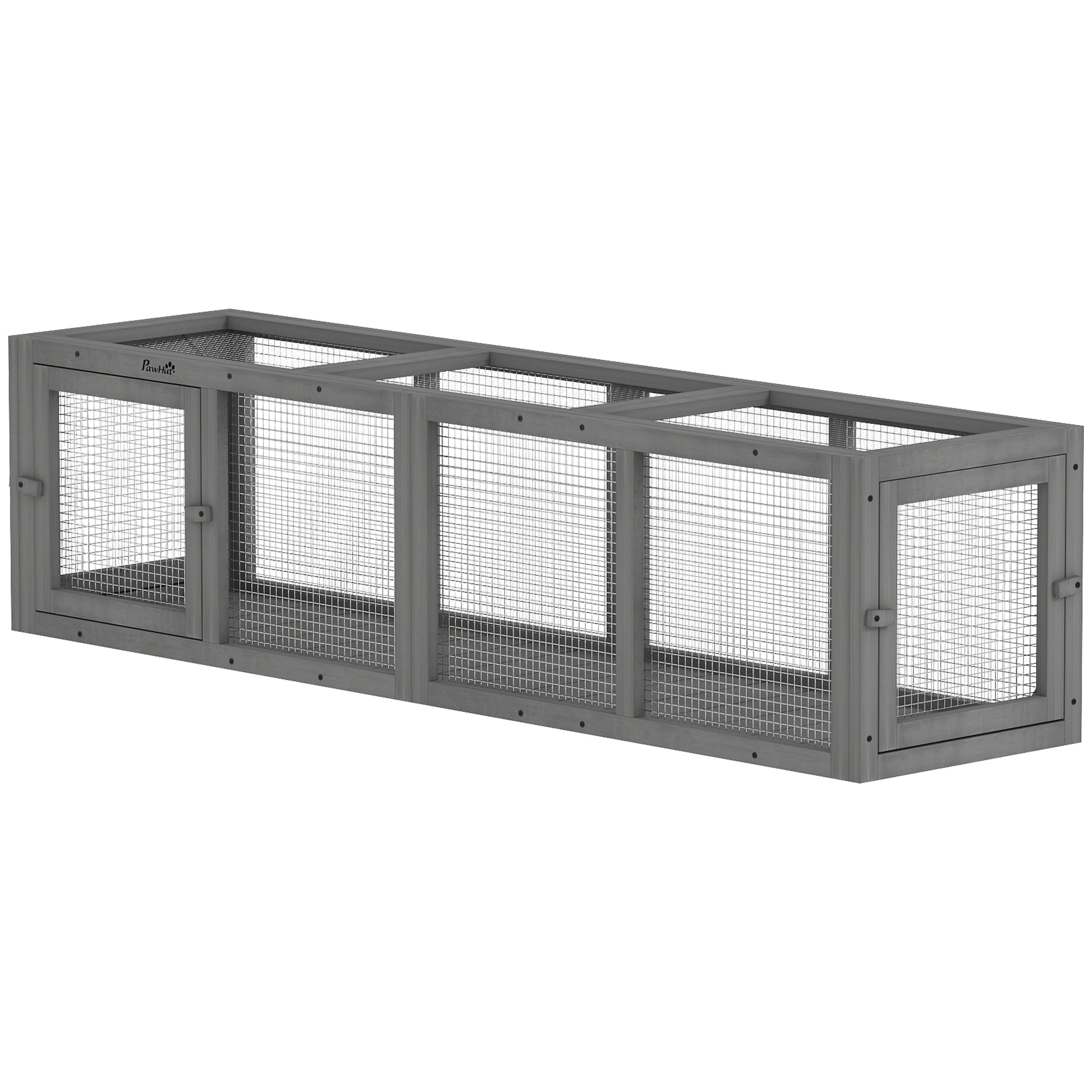 Outdoor Cat Tunnel, 59" Wooden Play Cat Enclosure, Extendable Pet Run with 3 Doors for Kitty, Puppy, Gray