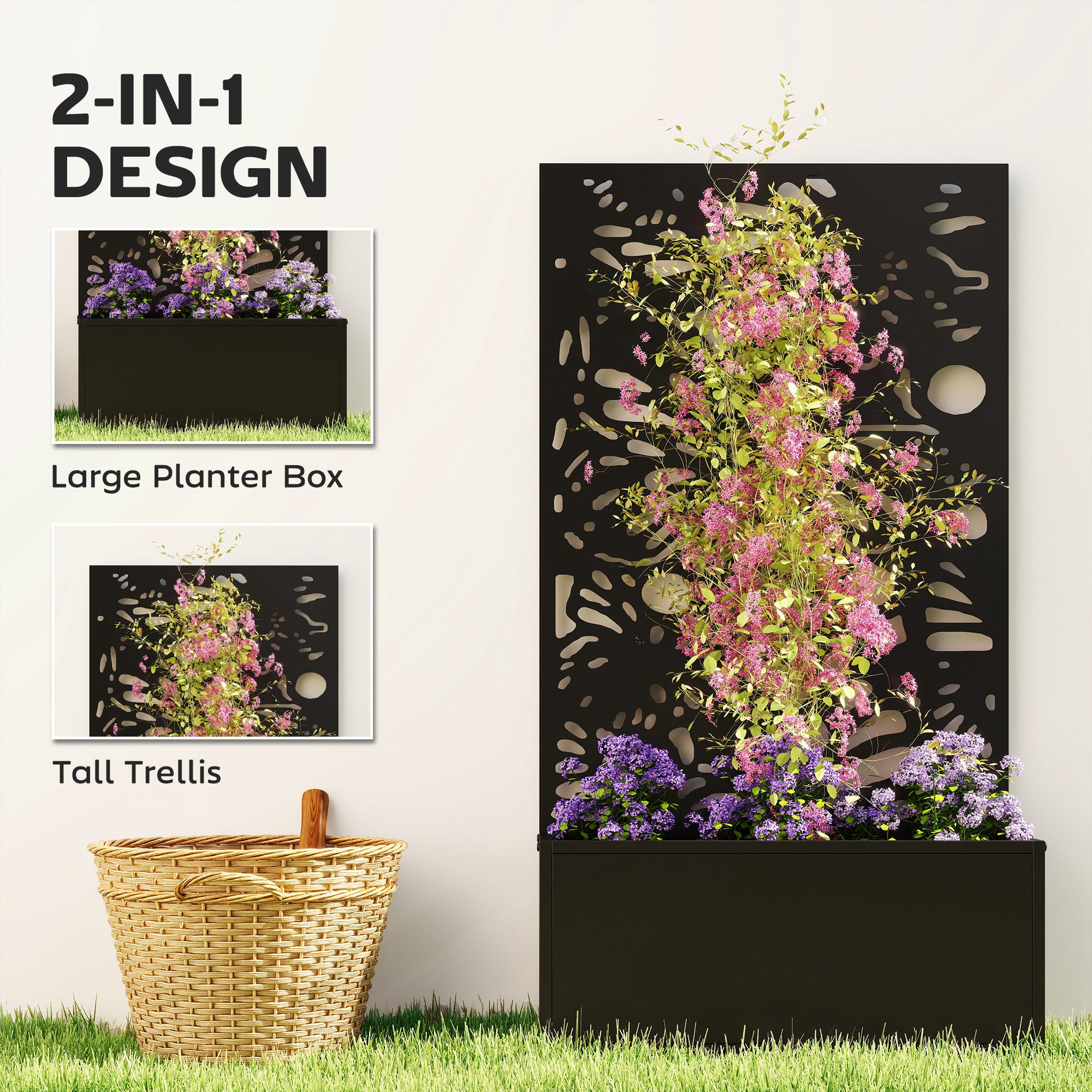 Metal Garden Bed with Trellis for Climbing Plants, Freestanding or Wall Mounted Flower Bed for Garden, Patio, Balcony