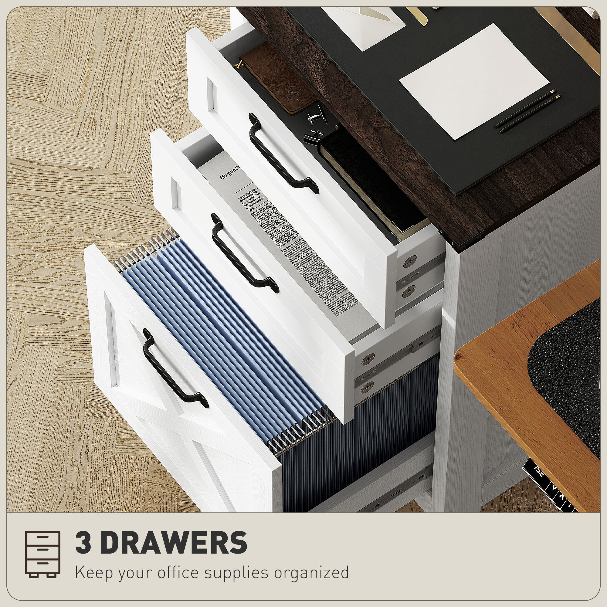 Vertical File Cabinet with 3 Drawers, Rustic Farmhouse Office Storage Cabinet for A4, Letter Size, Distressed White