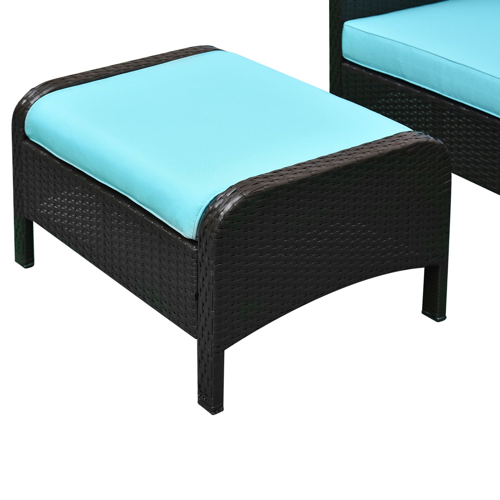 5 Pieces Rattan Wicker Lounge Chair Outdoor Patio Conversation Set with 2 Cushioned Chairs, 2 Ottomans and Tempered Glass Top Coffee Table, Brown/Blue