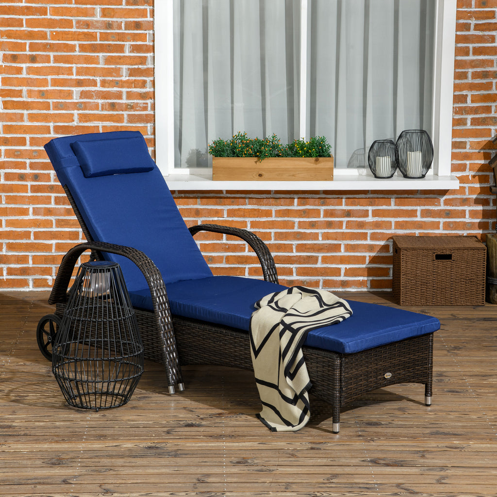 Reclining Chaise Lounge Chair, Rolling Outdoor Chair with Cushion, Pillow, Headrest, Armrests, and Wheels, Brown
