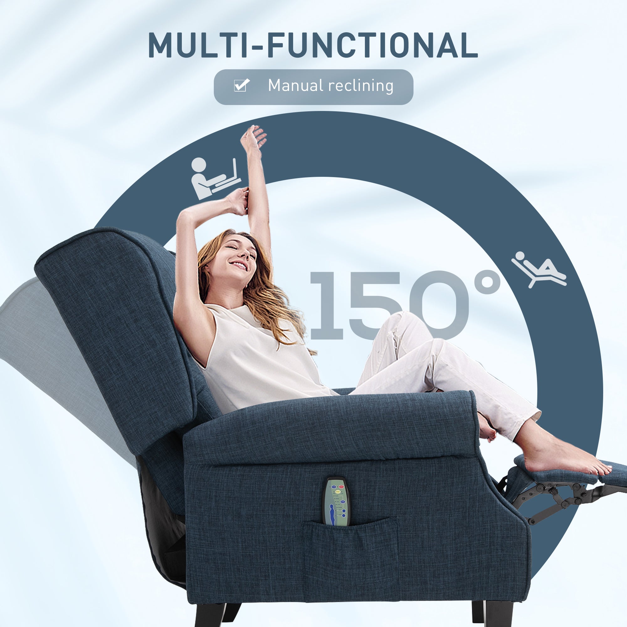 Vibration Massage Recliner Chair for Living Room with Heat, Wingback Single Sofa, Modern Linen Fabric Push Back Reclining Chair with Footrest, Side Pocket, Dark Blue