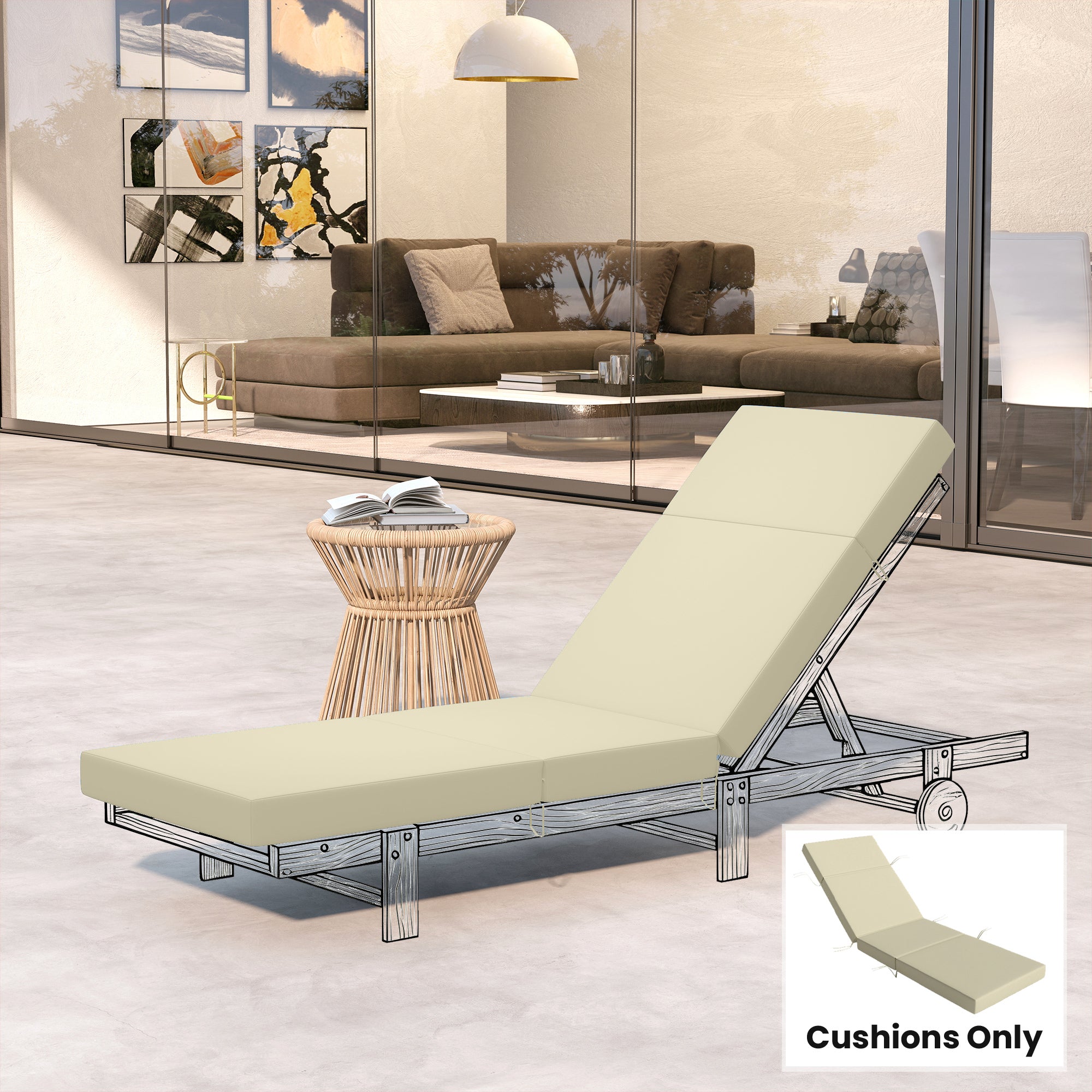 Chaise Lounge Cushion, 4" Thick Outdoor Lounge Chair Cushions with Ties for Patio, 26" x 80", Cream White