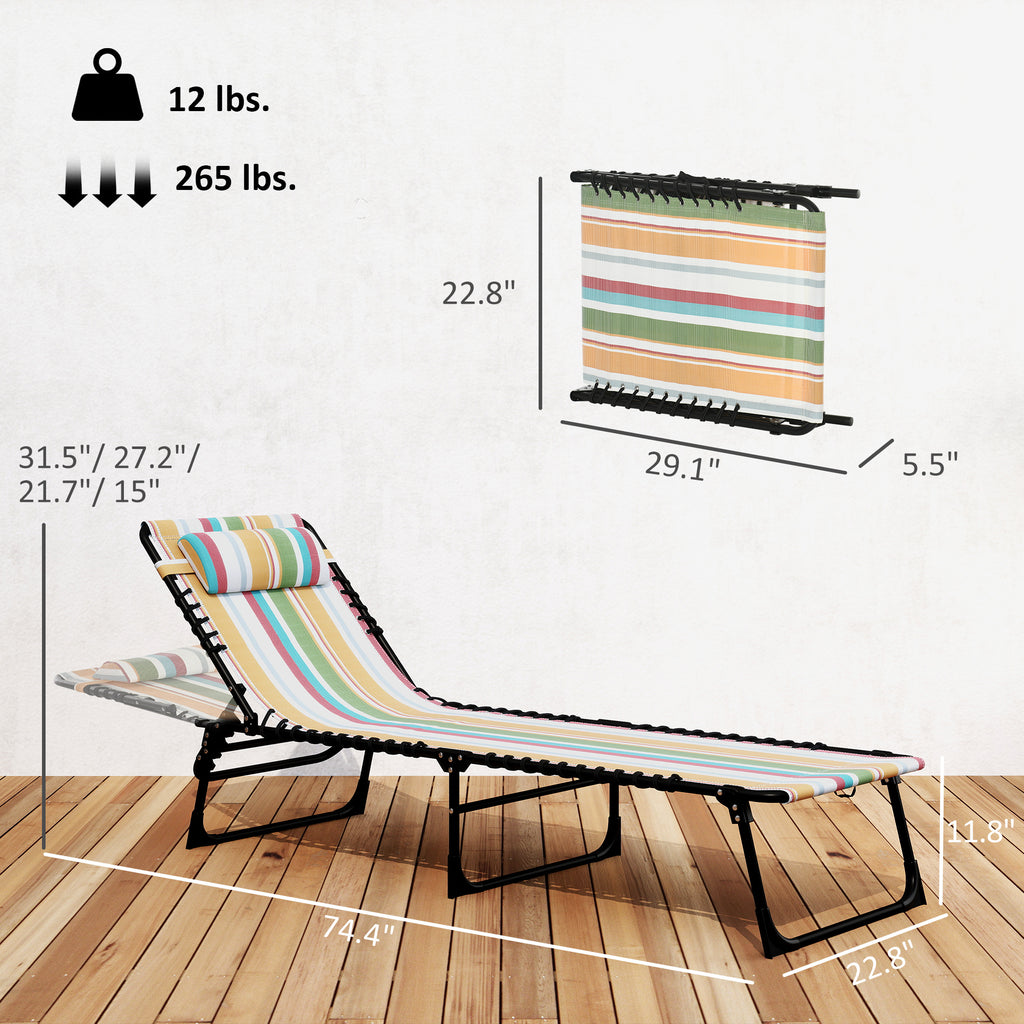 Folding Chaise Lounge Pool Chair with 4-Position Reclining Back, Pillow, Breathable Mesh & Bungee Seat, Rainbow Striped