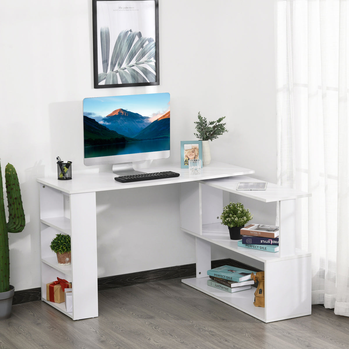 L Shaped Desk, Corner Computer Desk, 360 Degree Rotating Home Office Desk with Storage Shelves, Writing Table Workstation, White