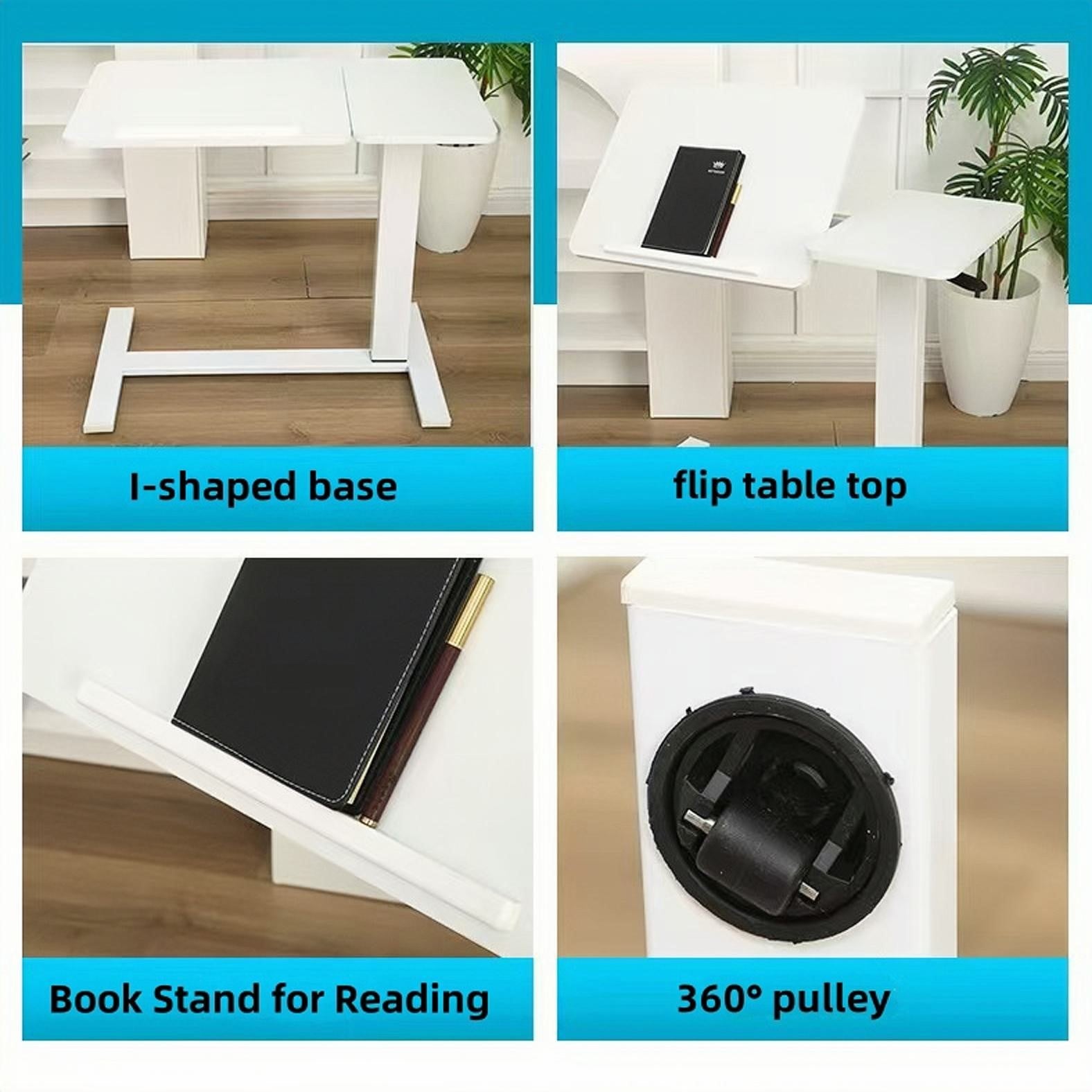 Overbed Bedside Desk with Tilting Tray, Mobile Rolling Laptop Stand, Height Adjustable Table with Wheels, 31.5″ L x 16″ W x 38″ H, White