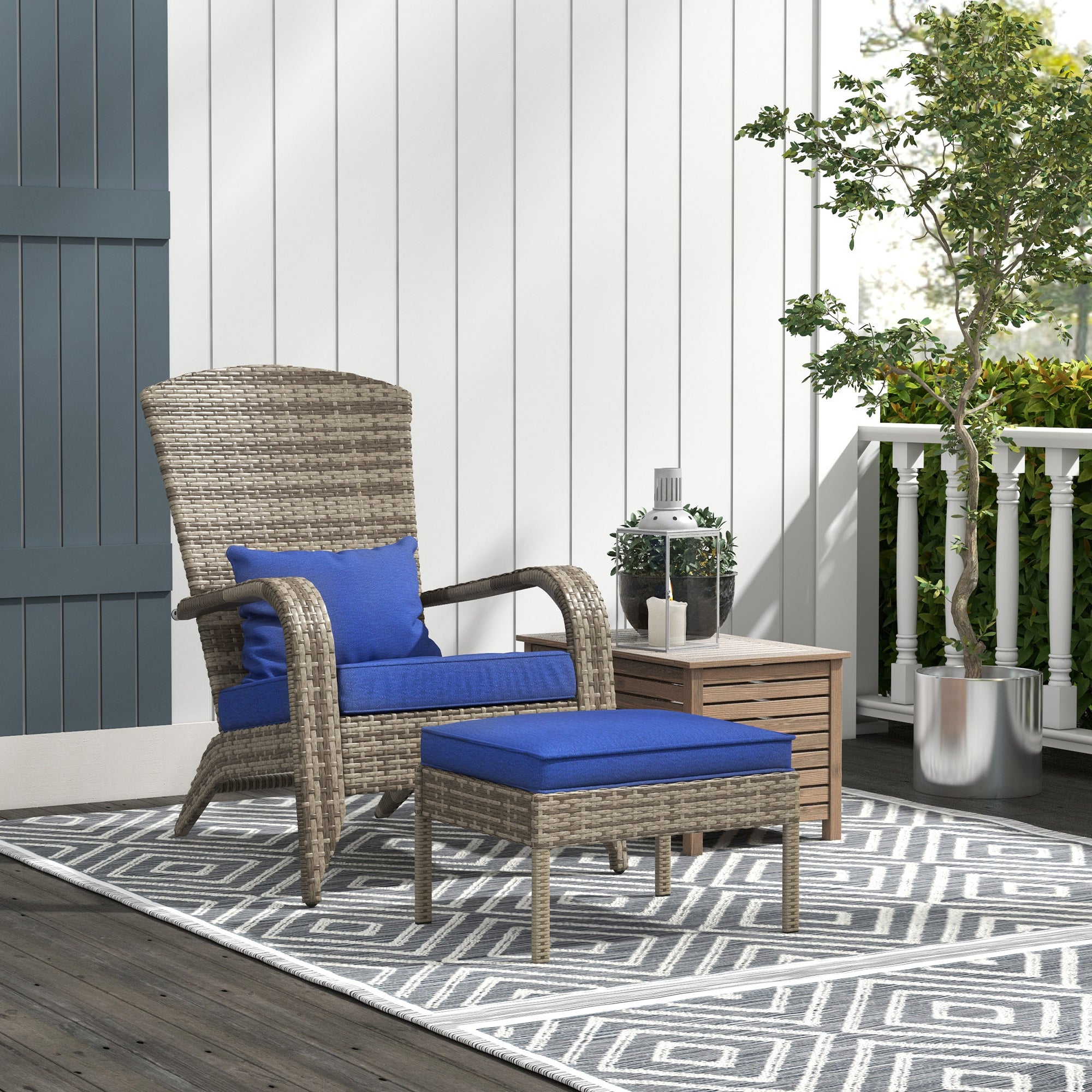 Wicker Adirondack Chair Fire Pit Chair w/ Ottoman & Cushions, Blue
