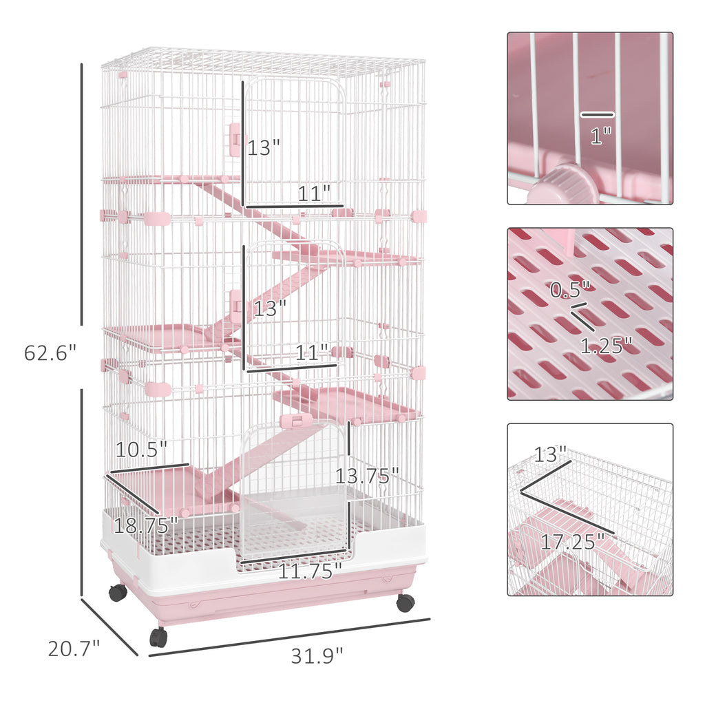 32"L 6-Level Small Animal Cage Rabbit Hutch with Universal Lockable Wheels, Slide-out Tray for Bunny, Chinchillas, Ferret, Pink