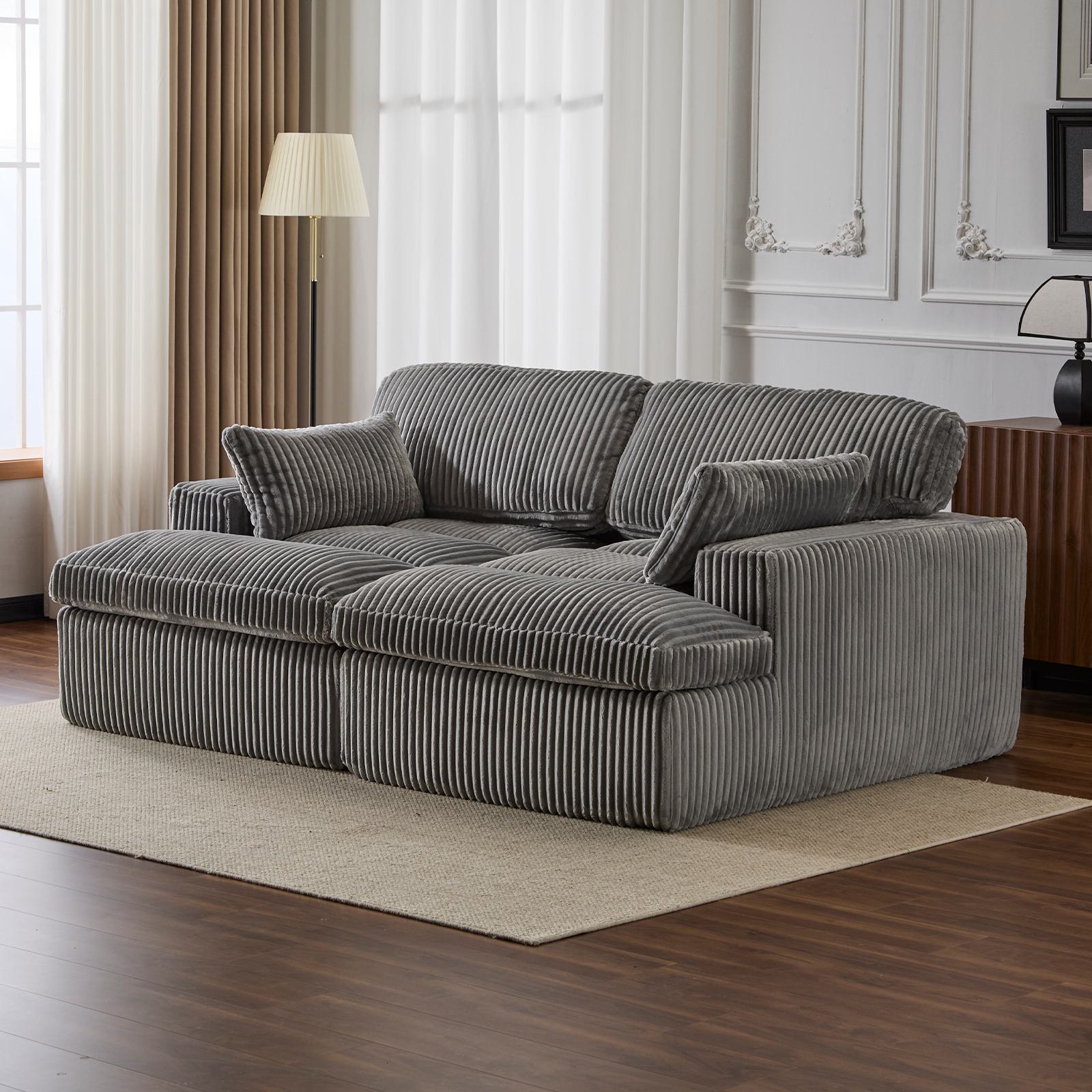 Deep Seat Sofa Double Chaise Lounge Chair with Corduroy Fabric, Compressed Sofa Sectional Loveseat for Apartments, 82.5'' L x 57'' W x 23.5'' H, Grey