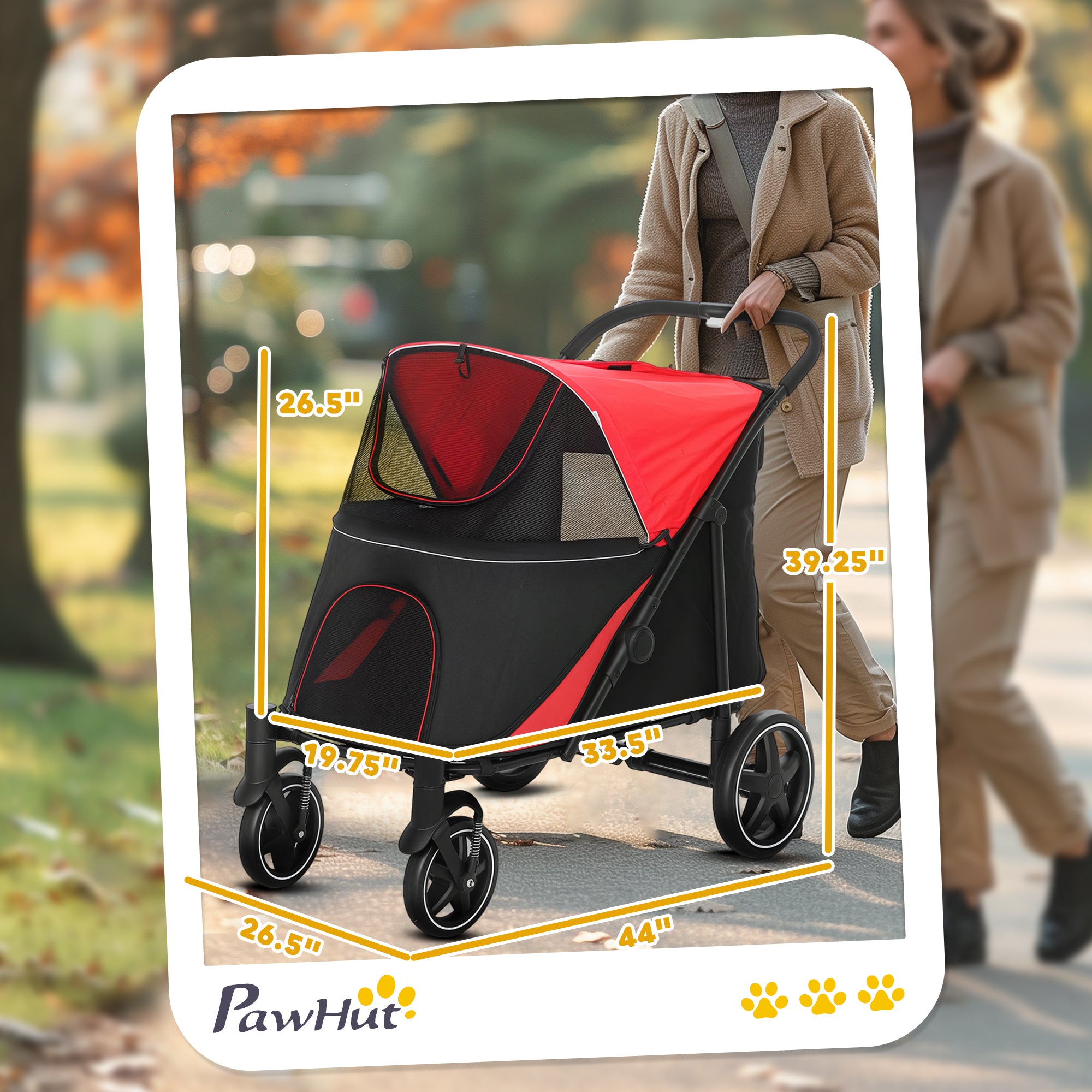 Dog Stroller for Large Medium Small Dogs up to 66 Lbs. 23.5" in Body Length, One-Click Foldable Pet Cat Stroller with Storage, Shock Absorption Wheels, Mesh Window, Safety Leash, Red