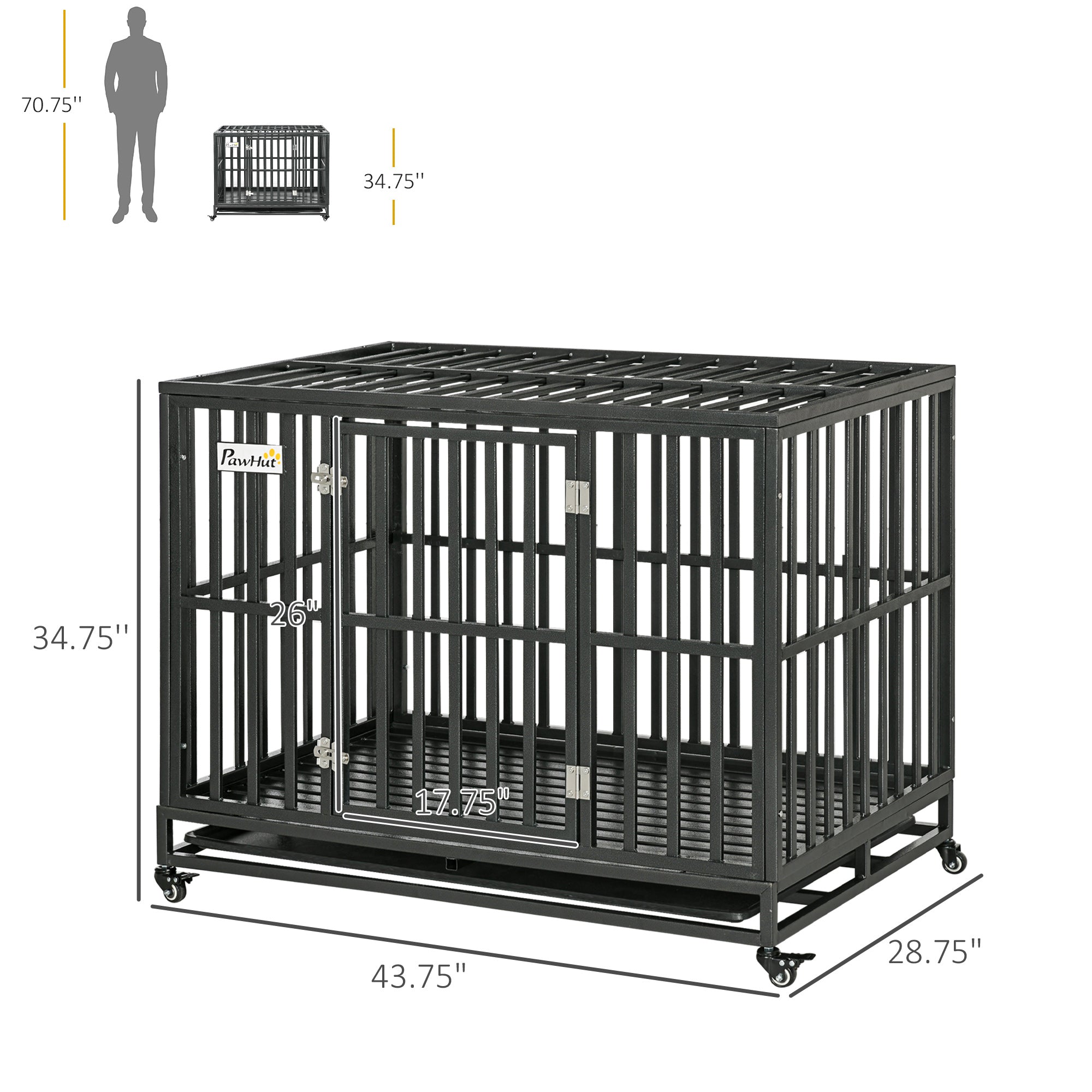 45" Heavy Duty Dog Crate, Escape-Proof Steel Kennel with Wheels, Black